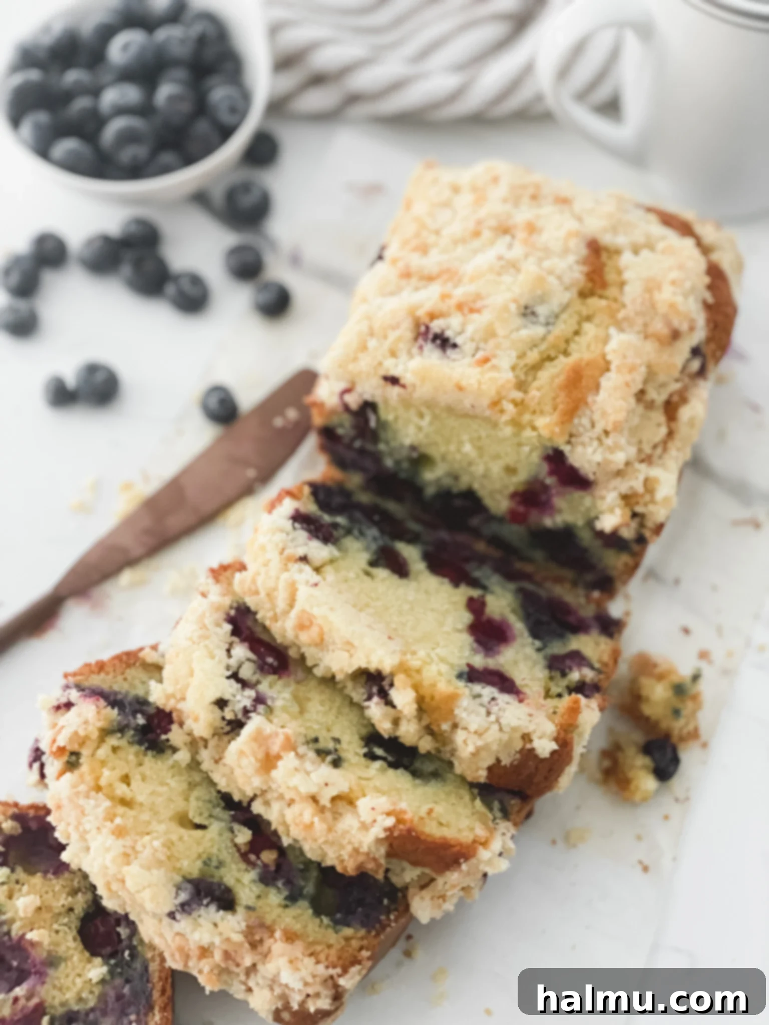 Delicious Blueberry Streusel Coffee Cake Loaf with a perfect crumble topping