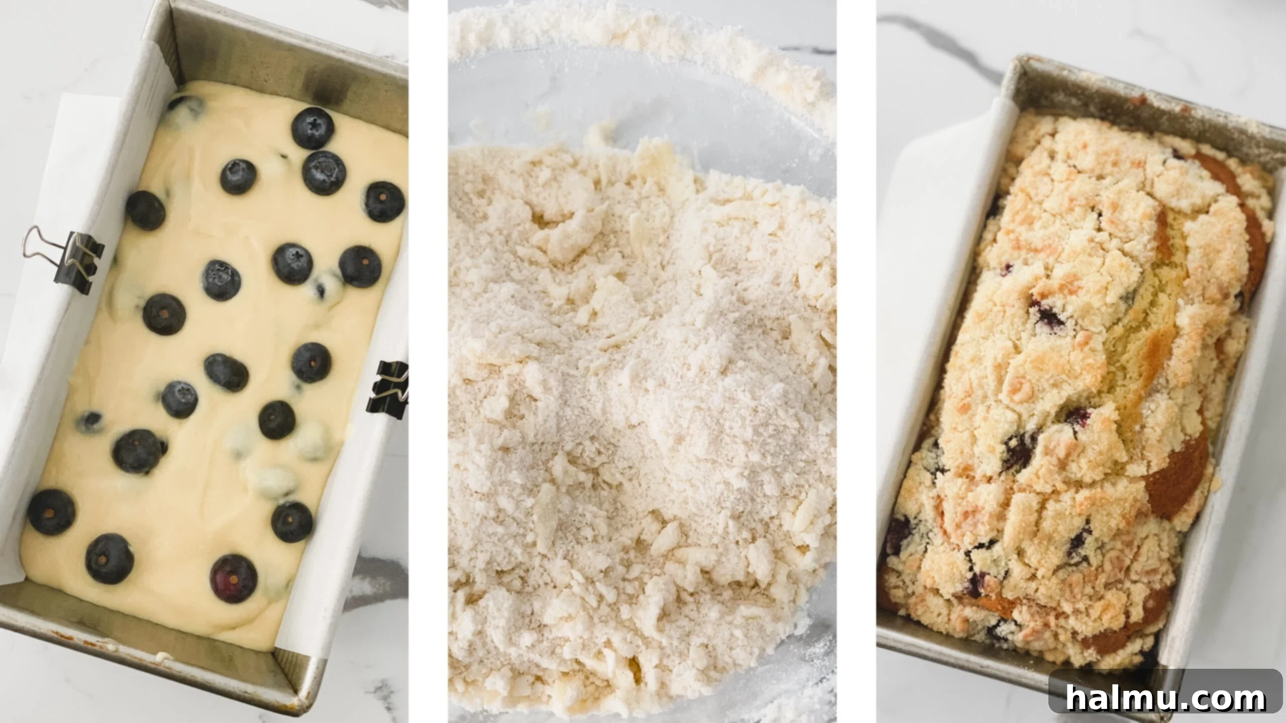 Overhead view of a Blueberry Streusel Coffee Cake Loaf with a cup of coffee