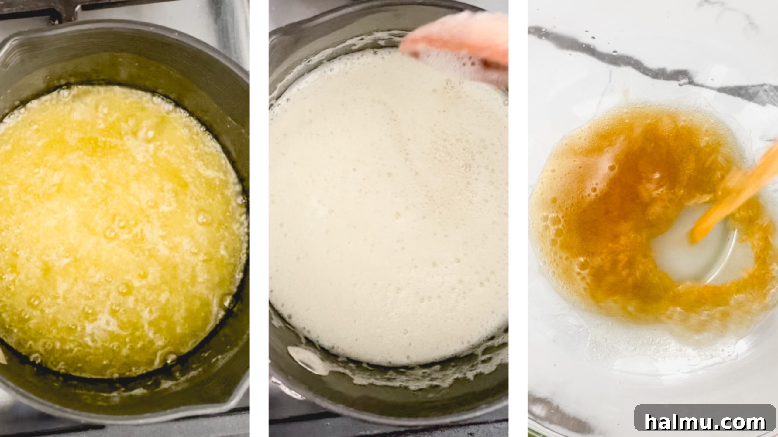 Freshly made brown butter poured into a clear bowl, showing its rich color and toasted milk solids.