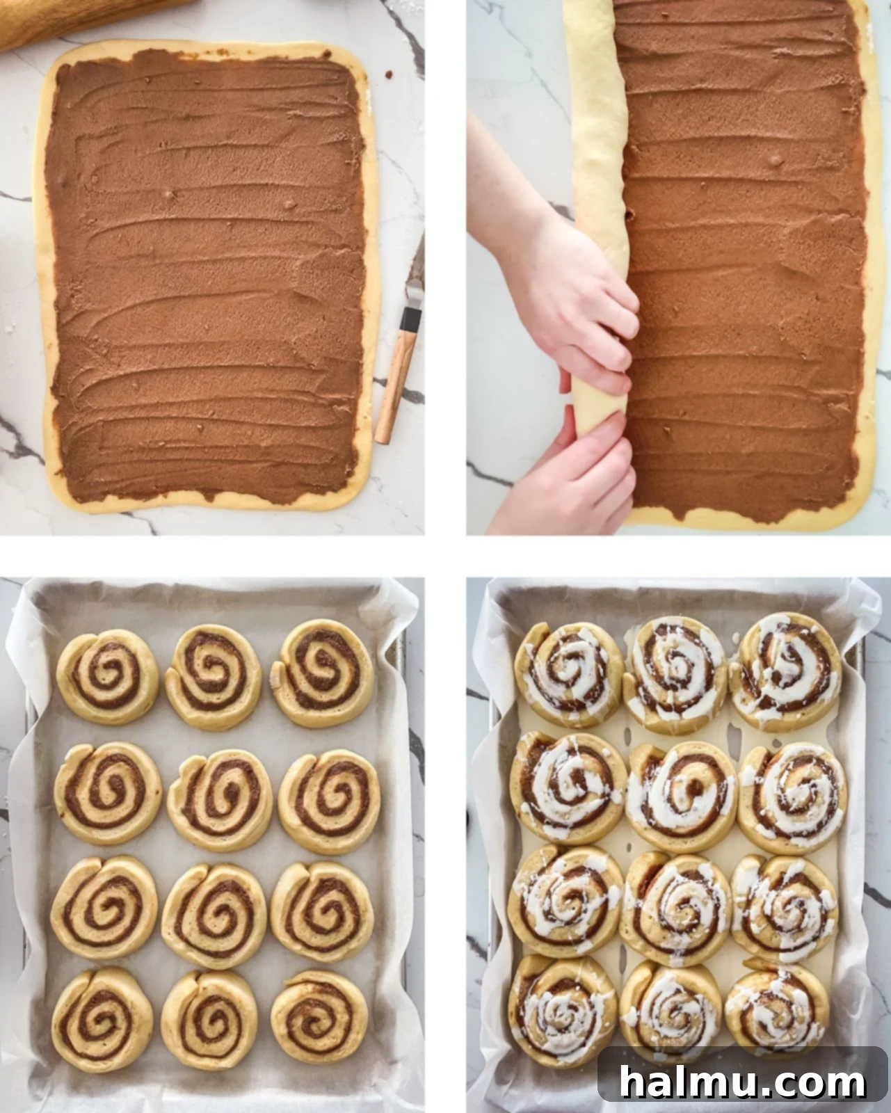 Golden Brown Butter Brioche Cinnamon Swirls 5 Overhead shot of unbaked brown butter brioche cinnamon rolls drizzled with heavy cream in a baking dish, ready for the oven.