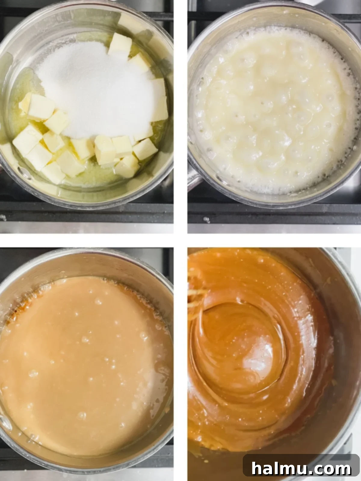 Gooey Brown Butter Toffee Skillet Cookie 5 Butter browning in a cast iron skillet on a stovetop, showing the golden brown color and nutty aroma development.