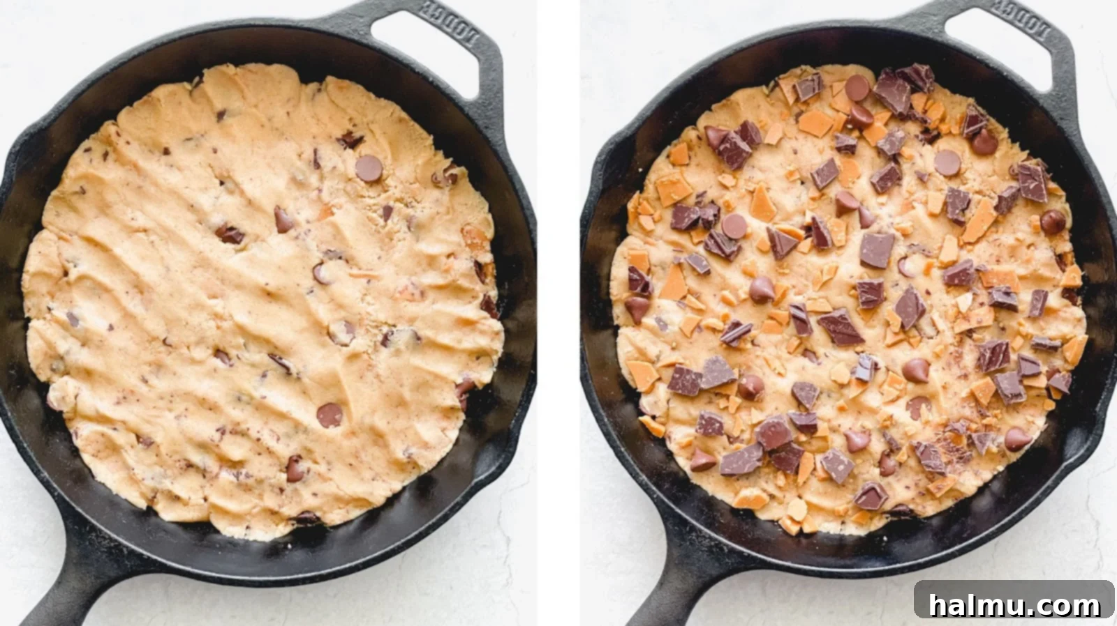 Gooey Brown Butter Toffee Skillet Cookie 6 The unbaked brown butter toffee skillet cookie dough pressed into a cast iron skillet, topped with extra chocolate and toffee.