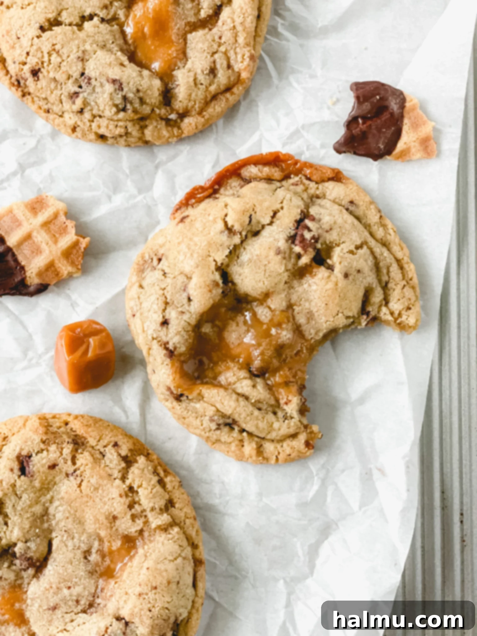 Delicious Caramel Cone Crunch Cookies with pools of melted caramel