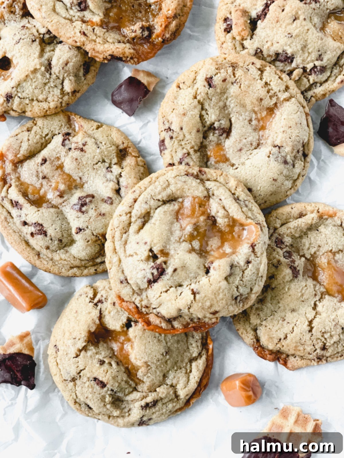 Freshly baked Caramel Cone Crunch Cookies on a cooling rack