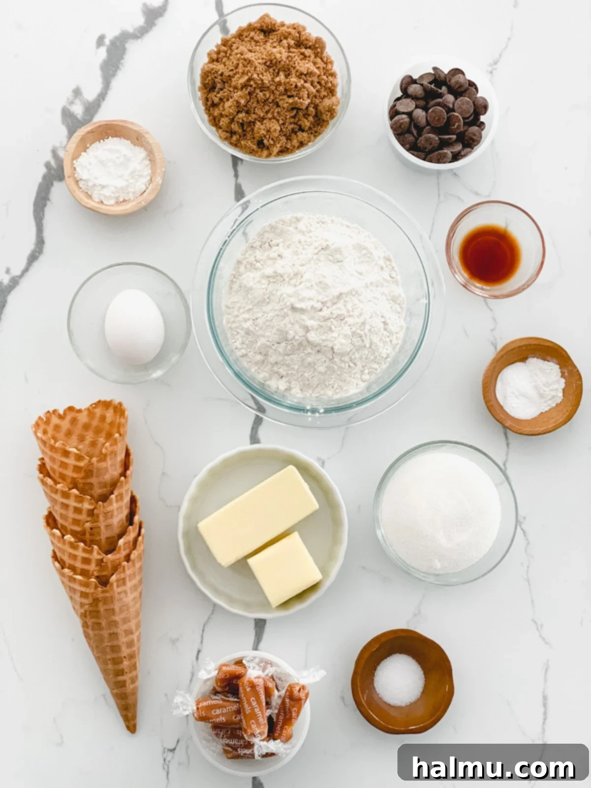 Ingredients for Caramel Cone Crunch Cookies laid out on a table