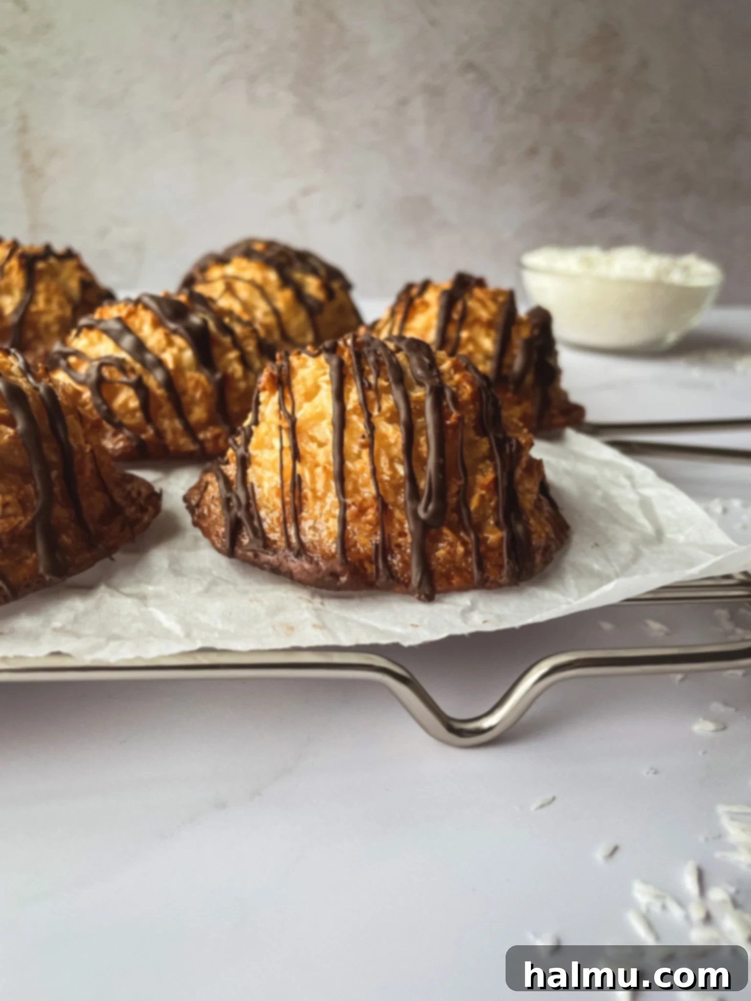 Close-up of freshly baked chewy coconut macaroons with golden edges