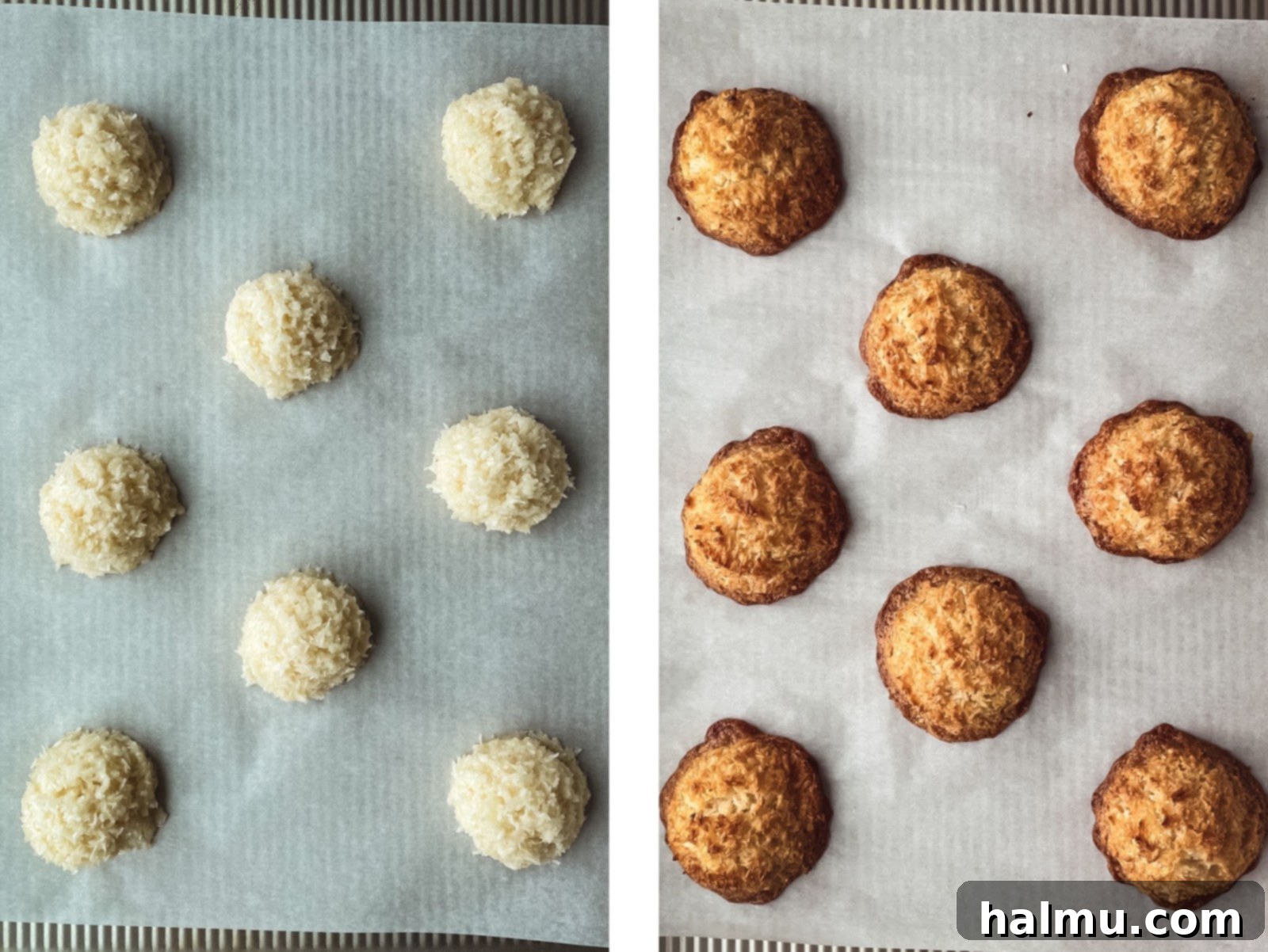 Freshly baked coconut macaroons cooling on a baking sheet