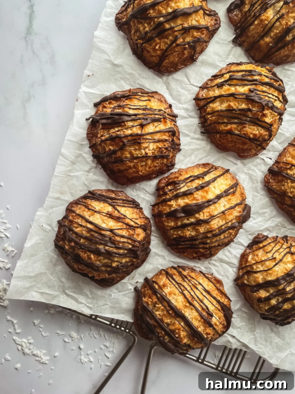 A batch of chewy coconut macaroons drizzled with chocolate, ready to serve.