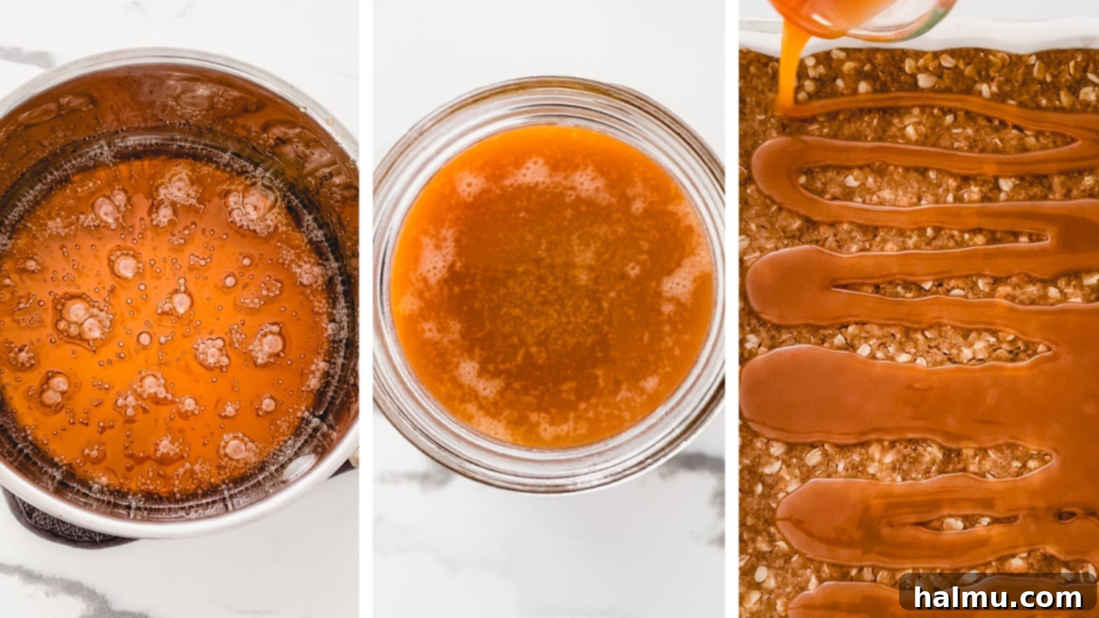 Sequential images demonstrating the color transformation of sugar syrup from clear to a perfect amber, then the bubbling reaction when cream is added to make caramel.