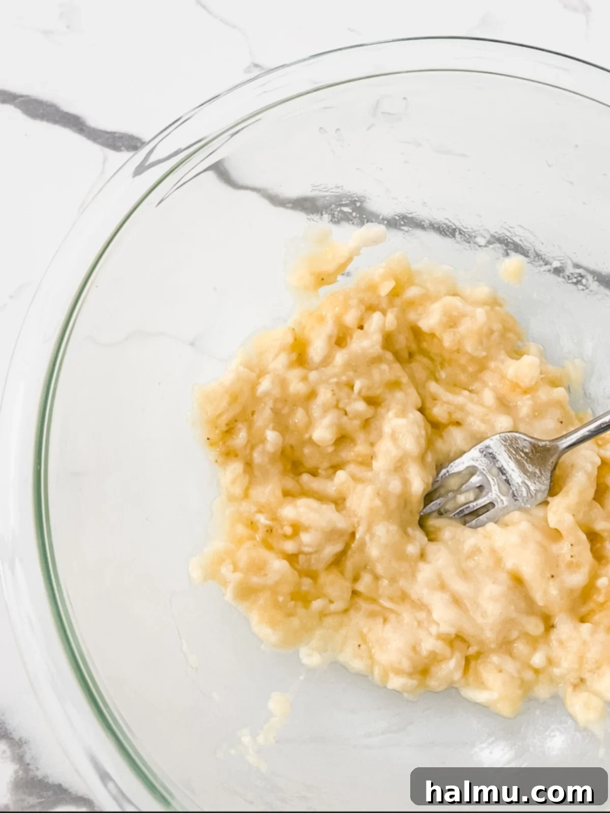 Close-up of mashed bananas in a bowl