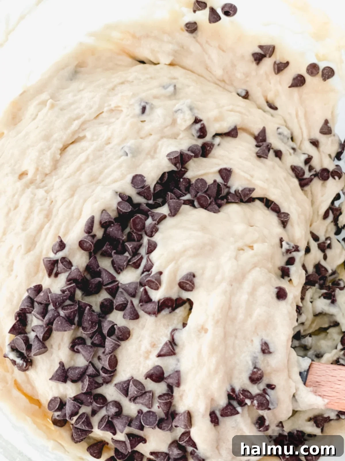 Cake batter with chocolate chips folded in