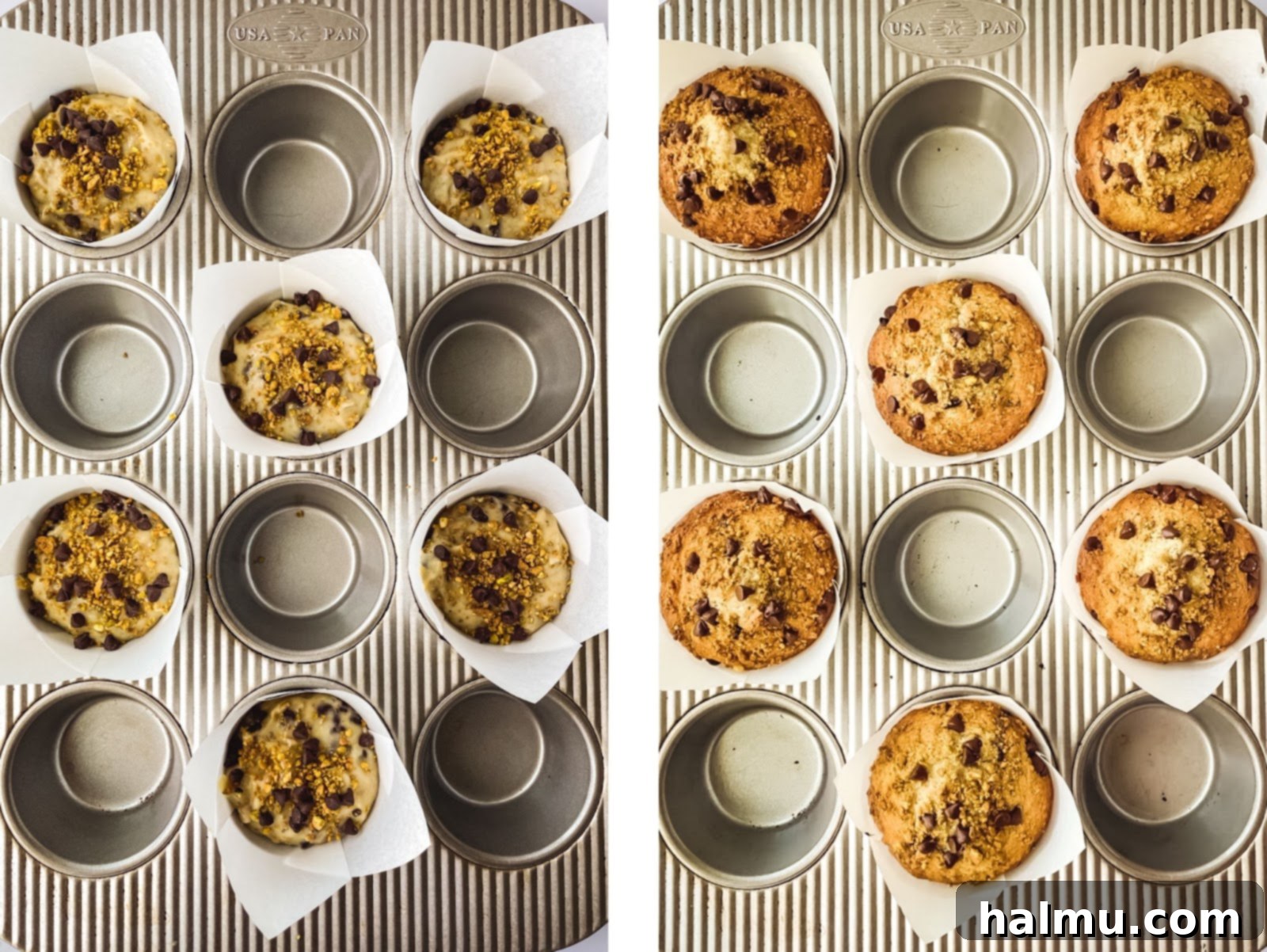 Close-up of baked Chocolate Chip Pistachio Muffins with domed tops.