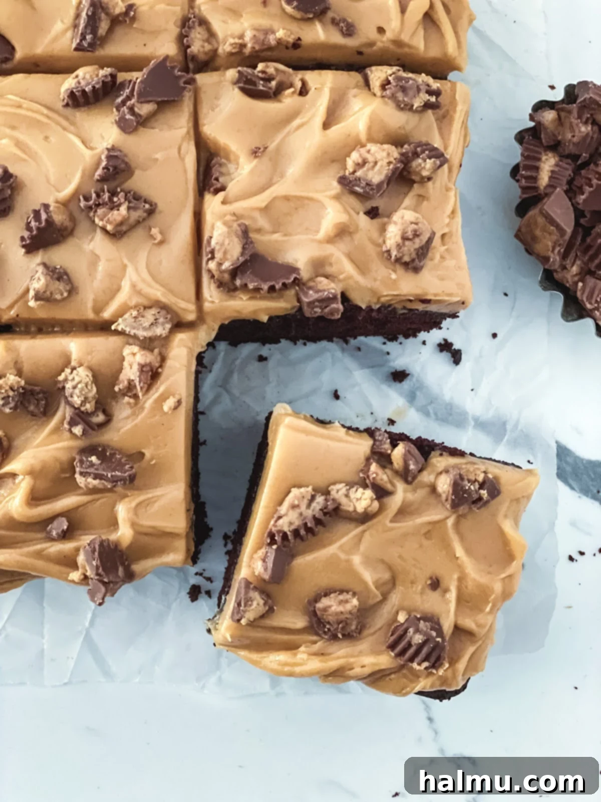 Chocolate Peanut Butter Dream Treat 4 The Chocolate Peanut Butter Snack Cake, showing its thick layer of mousse on top of the chocolate cake.
