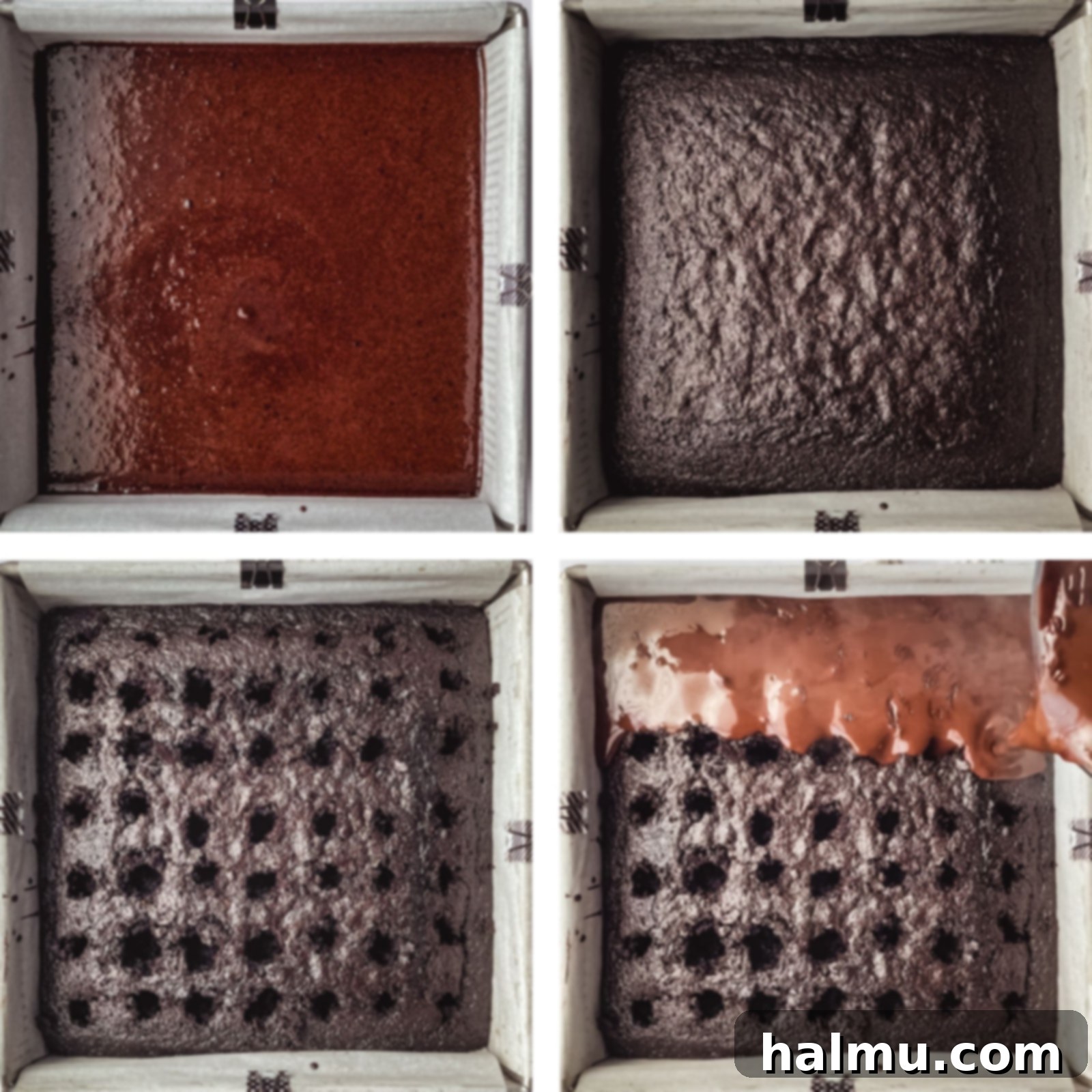 Hot chocolate pudding being poured over the warm, poked chocolate cake, filling each hole and spreading evenly.