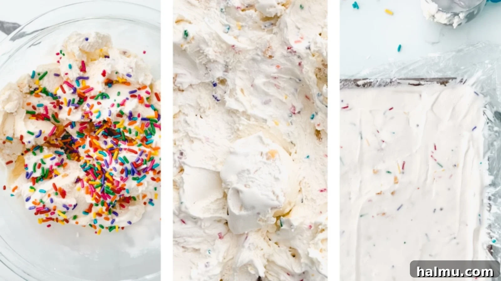 Chocolate Sprinkle Cookie Ice Cream Stacks 6 Cookie dough balls with sprinkles pressed into the top, arranged on a baking sheet.