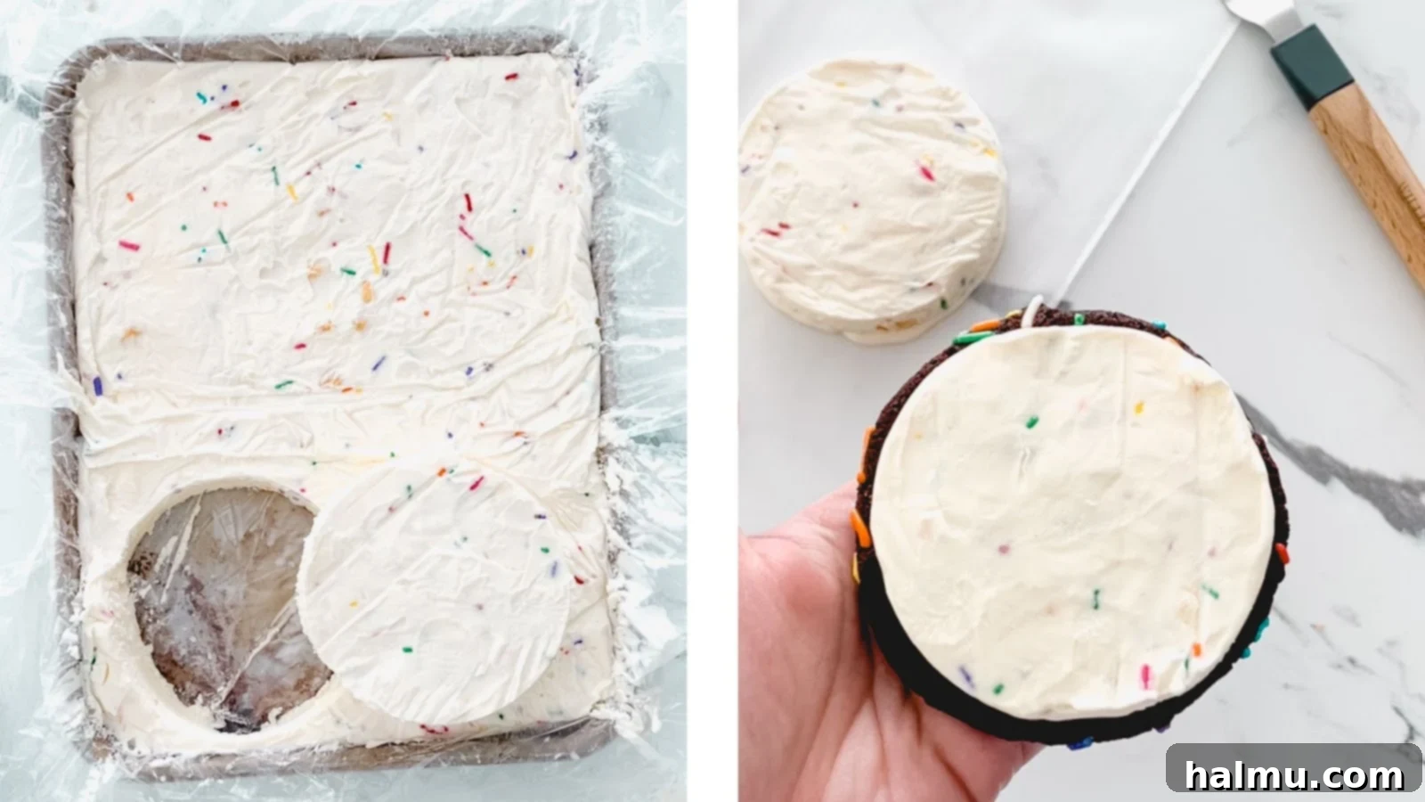 Chocolate Sprinkle Cookie Ice Cream Stacks 8 An ice cream disc placed on a chocolate sprinkle cookie.