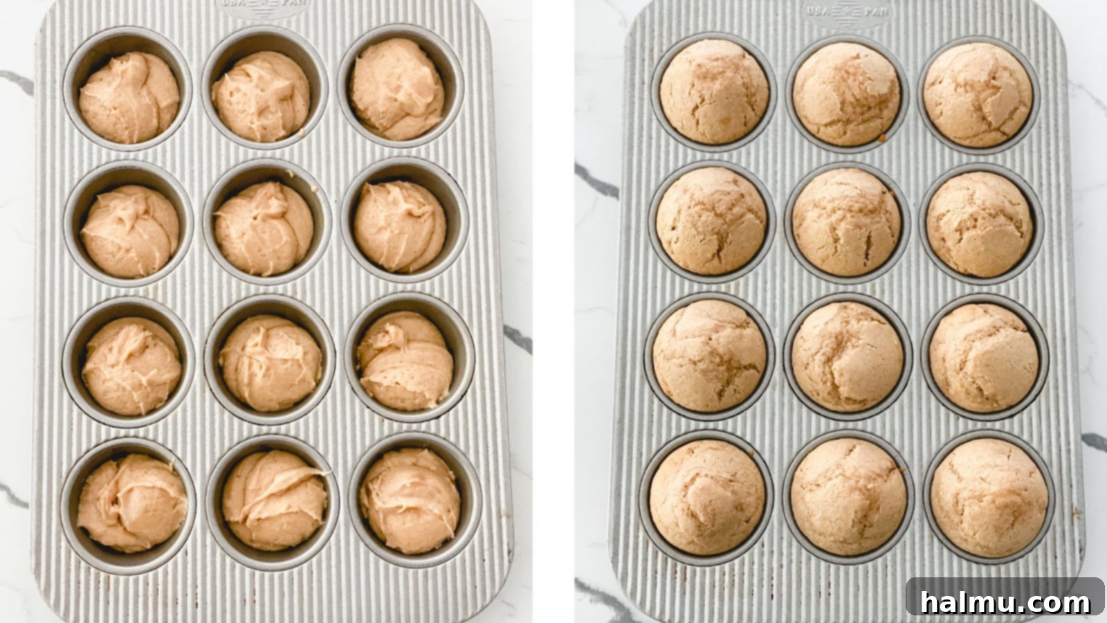 Muffin batter scooped into a muffin pan