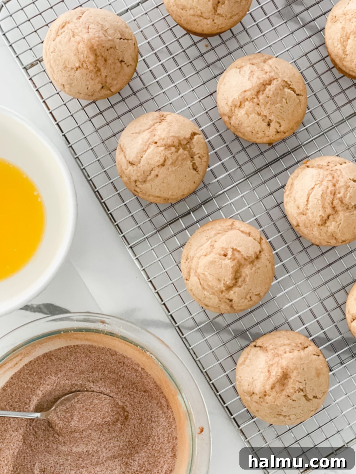 Melted butter and cinnamon sugar mixture in separate bowls