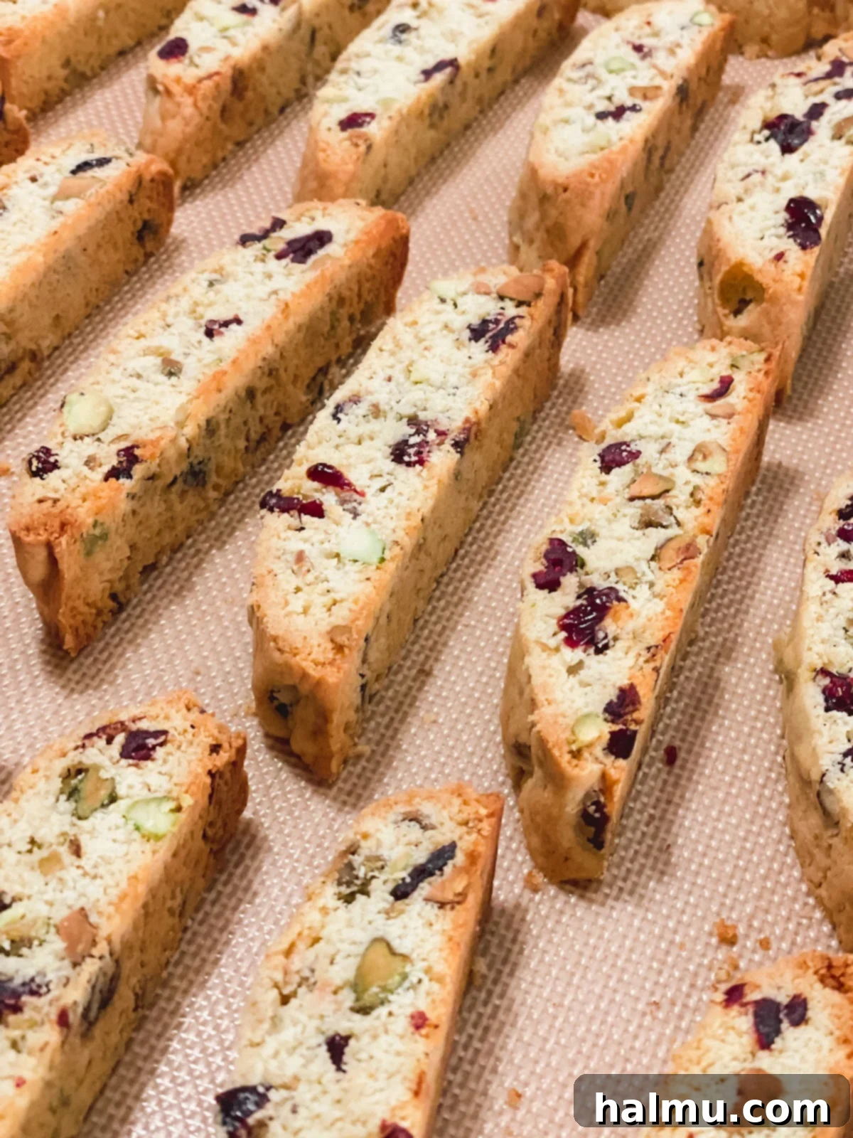 Vibrant Cranberry Pistachio Biscotti 3 Close-up of a stack of Cranberry Pistachio Biscotti, showcasing their texture and ingredients.