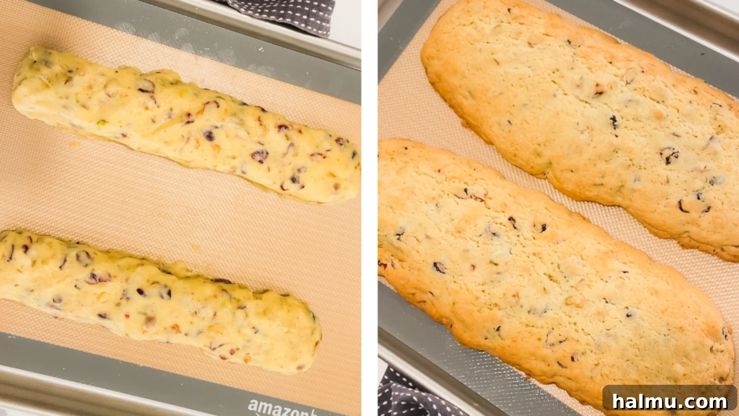 Vibrant Cranberry Pistachio Biscotti 4 Biscotti dough log with visible cranberries and pistachios on a baking sheet before the first bake.