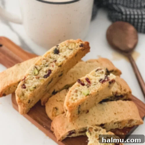 Vibrant Cranberry Pistachio Biscotti 6 A plate of freshly baked Cranberry Pistachio Biscotti.