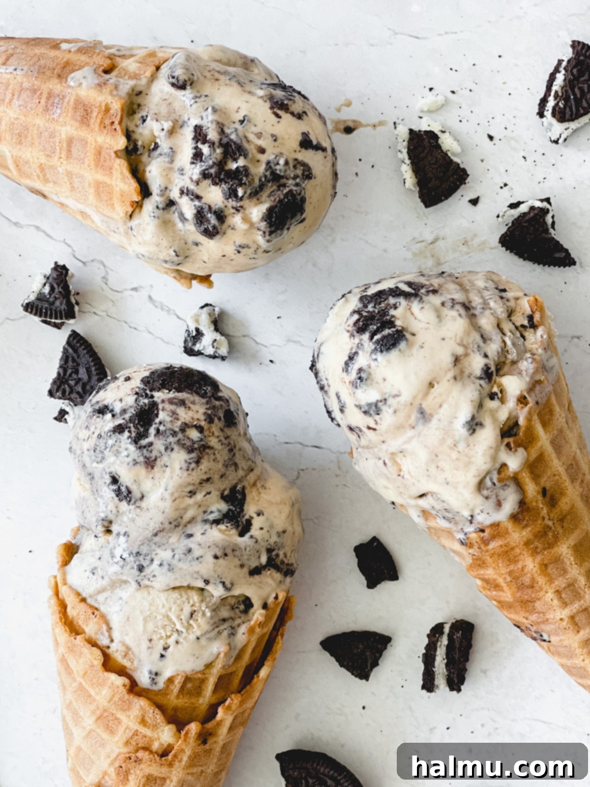 Close-up of Espresso Oreo ice cream with visible Oreo chunks.