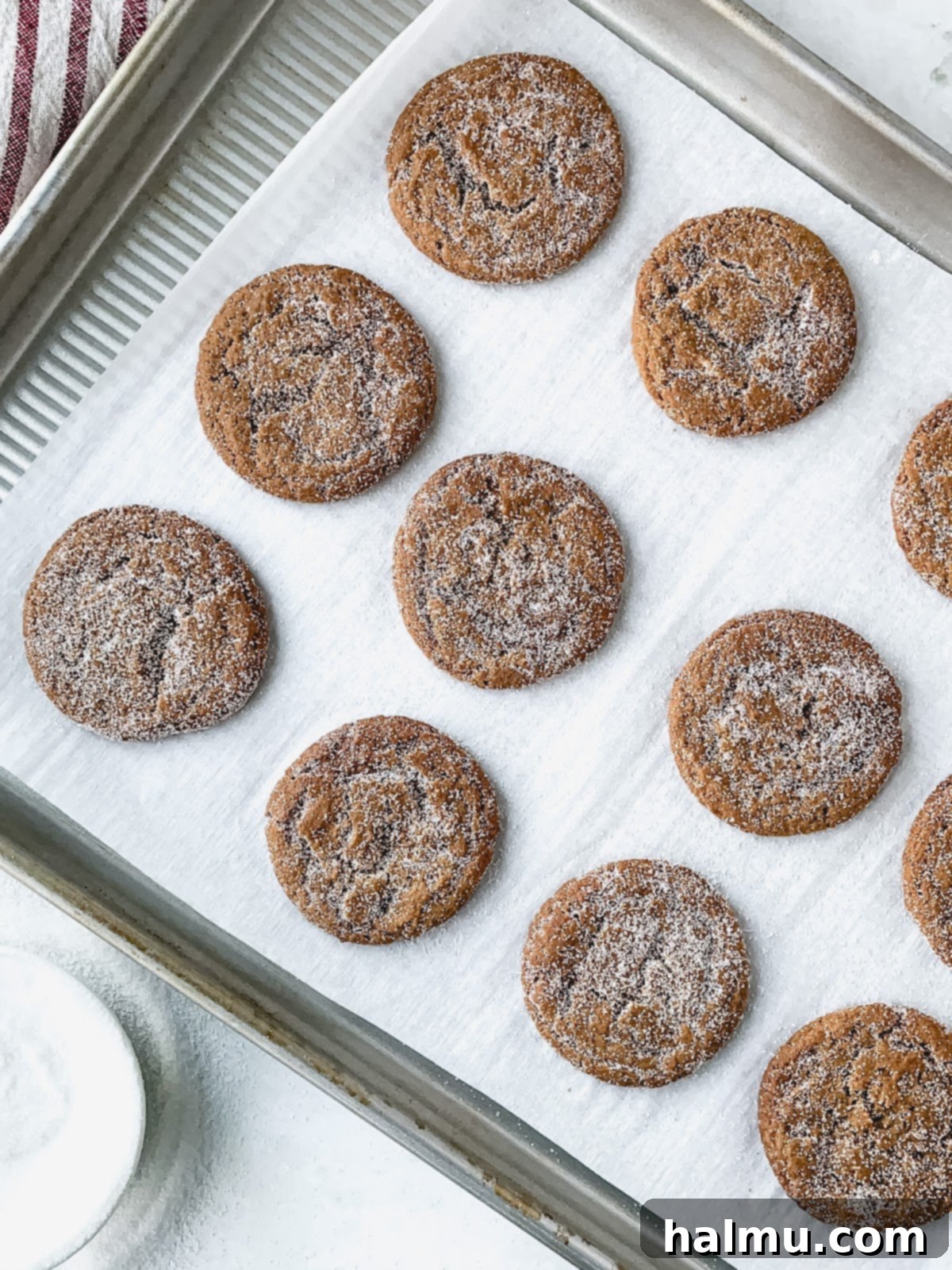 Ginger Molasses Sandwich Cookies 4 Ingredients for ginger molasses cookies, including butter, brown sugar, eggs, molasses, and various spices, laid out on a kitchen counter.