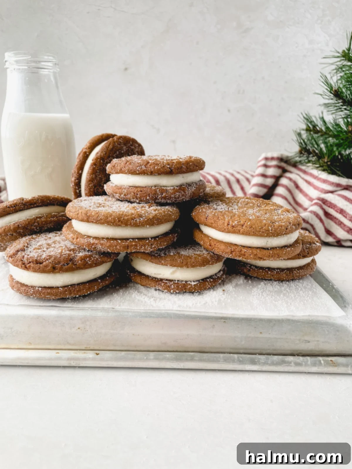 Ginger Molasses Sandwich Cookies 7 Ginger Molasses Cookie Sandwiches artfully arranged in a rustic holiday-themed wooden box.