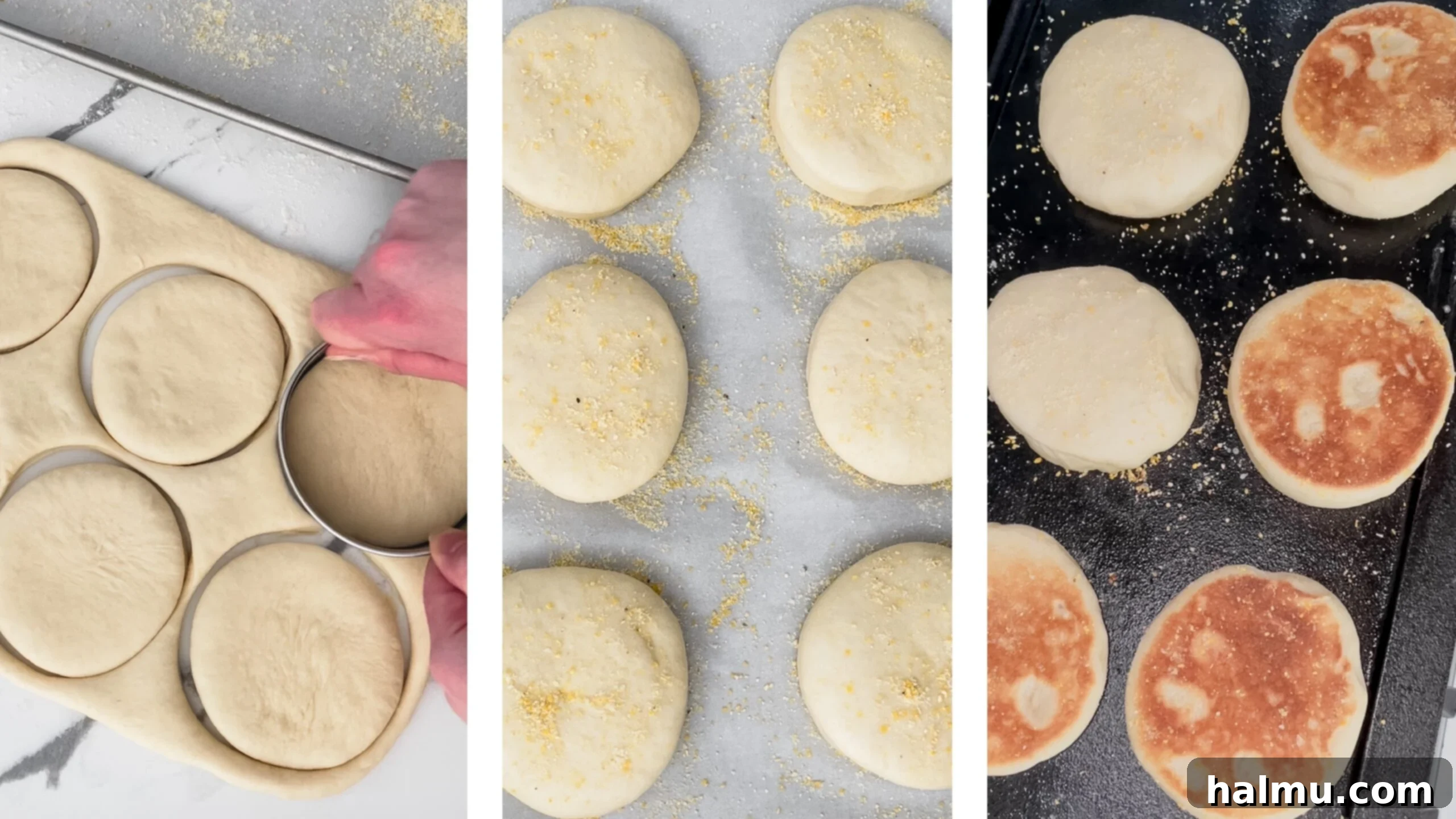 English muffins cooking on a griddle