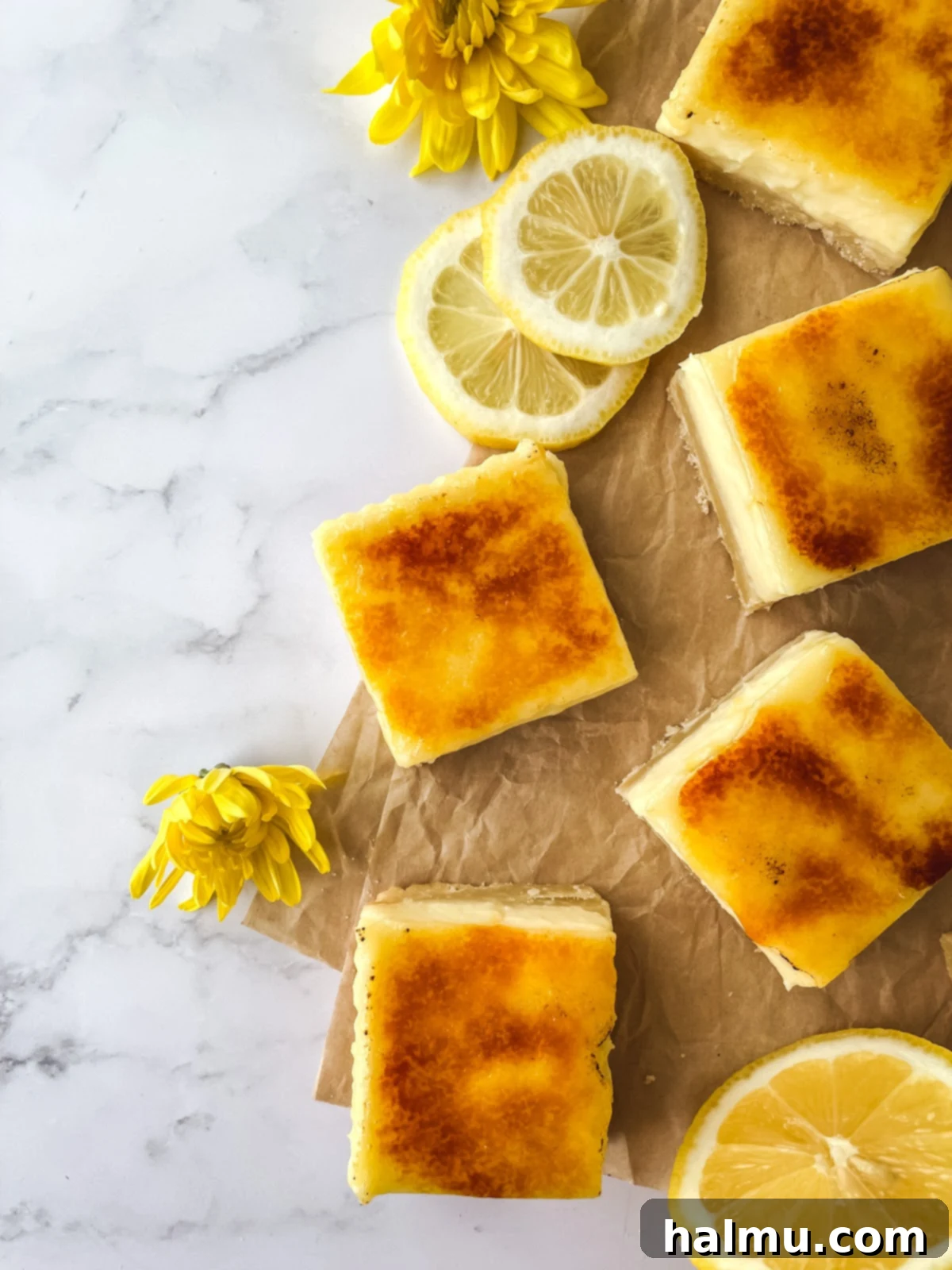 Several neatly cut Lemon Brûlée Bars arranged on a white serving dish, showcasing the distinct layers.
