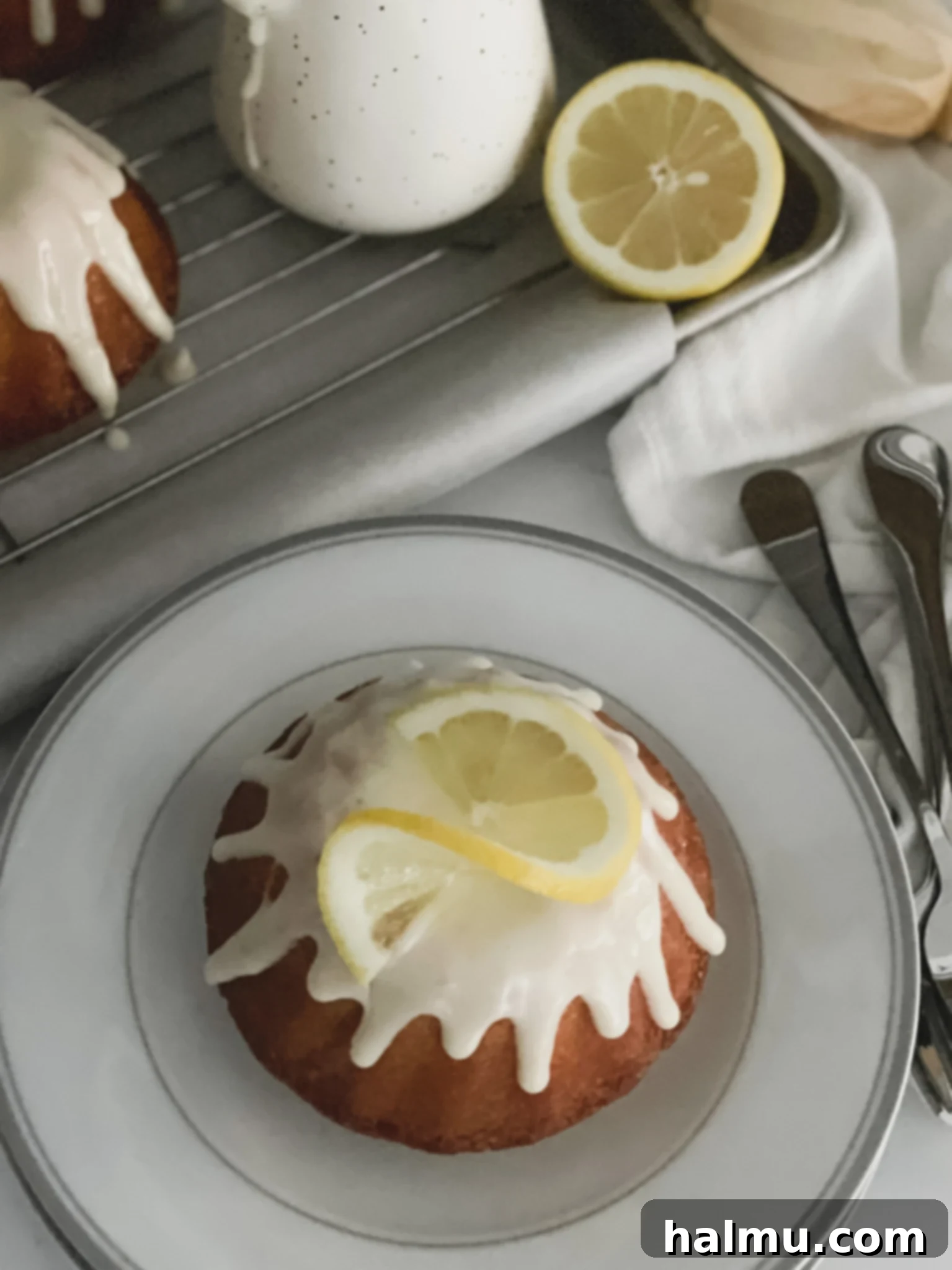 Ingredients for lemon bundt cakes laid out on a kitchen counter