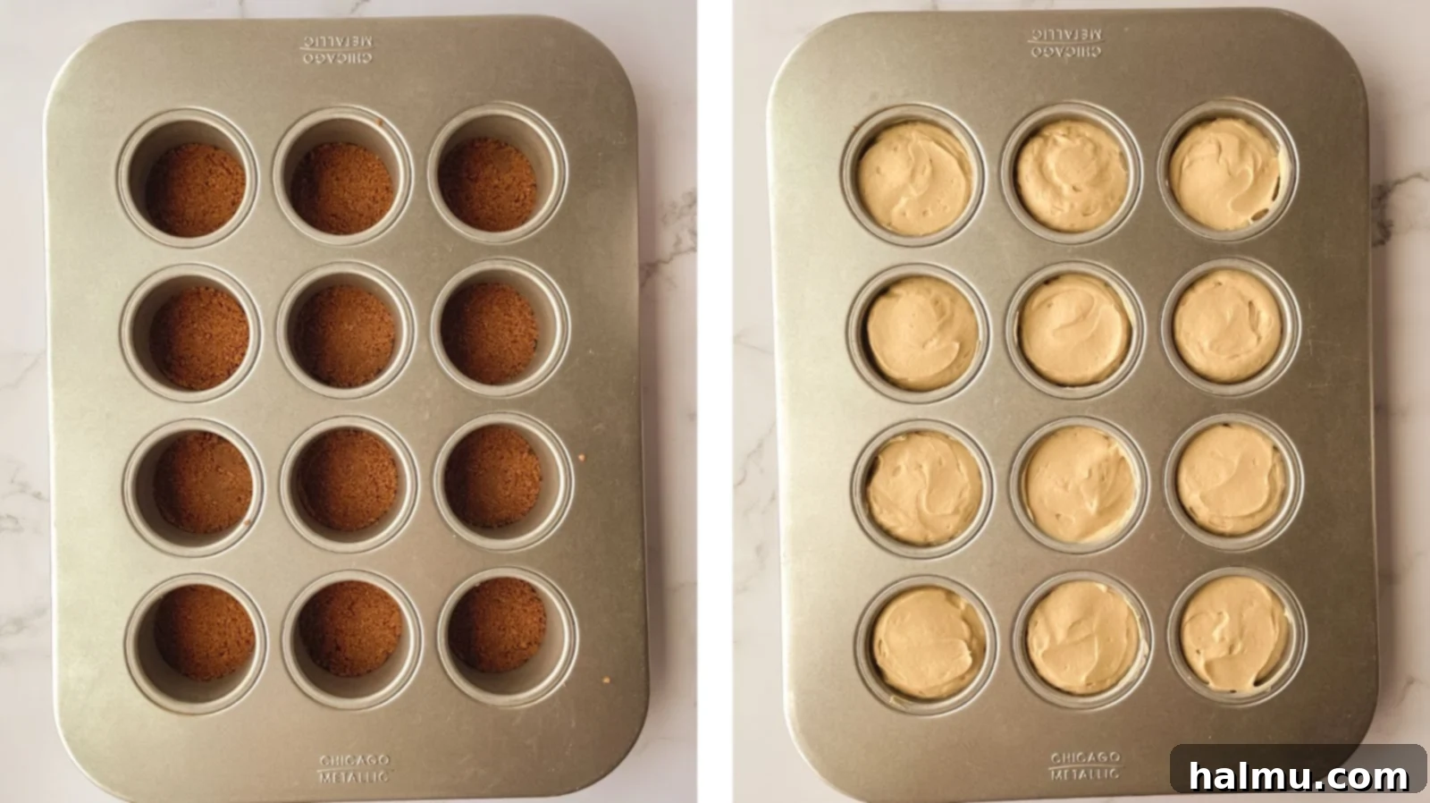 Luscious Biscoff Cheesecake Bites 4 Piping the creamy Biscoff cheesecake filling into tins