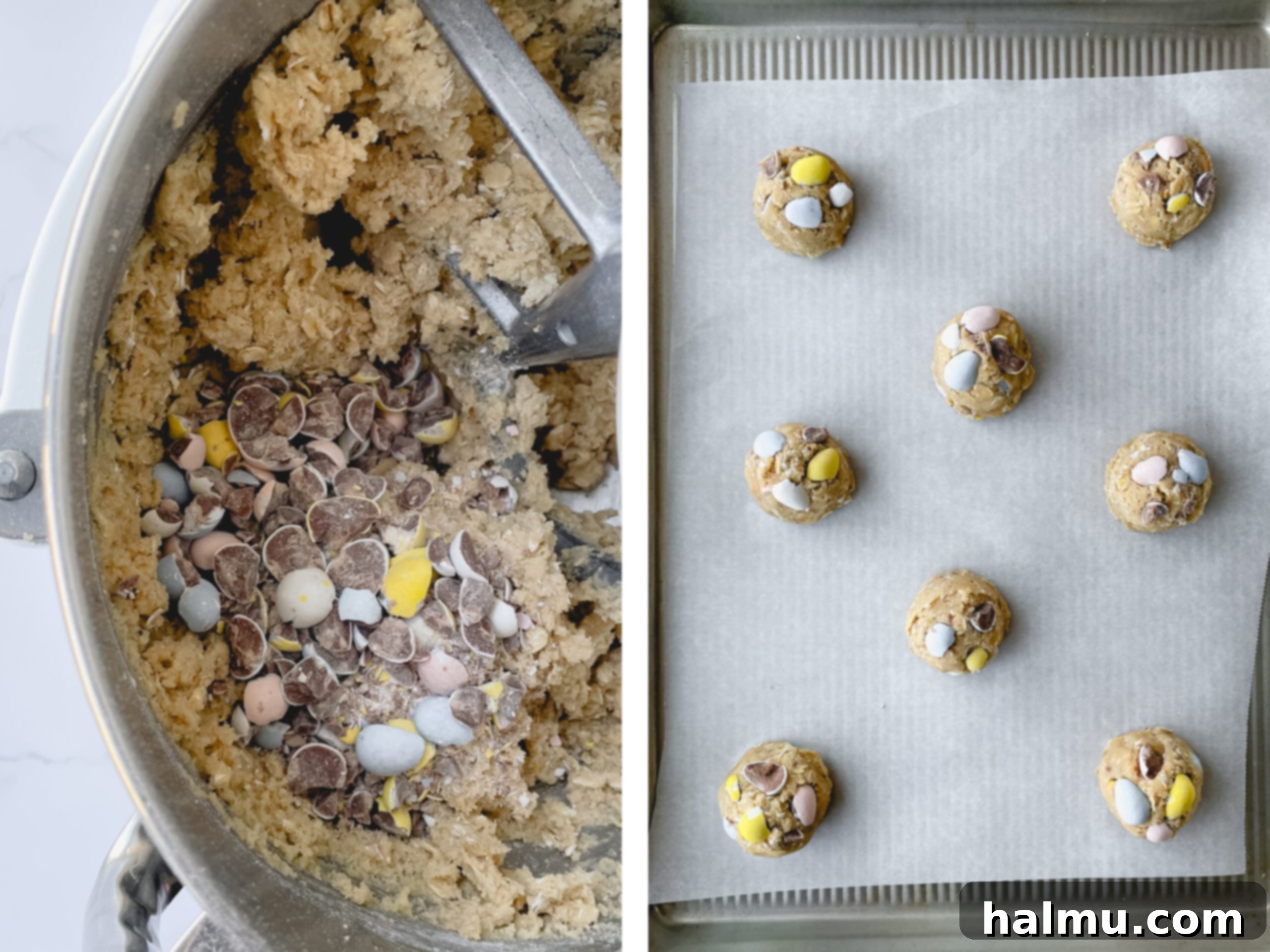 Mini Egg Oatmeal Cookies 4 Closeup of cookie dough with chopped Mini Eggs being mixed in a bowl.