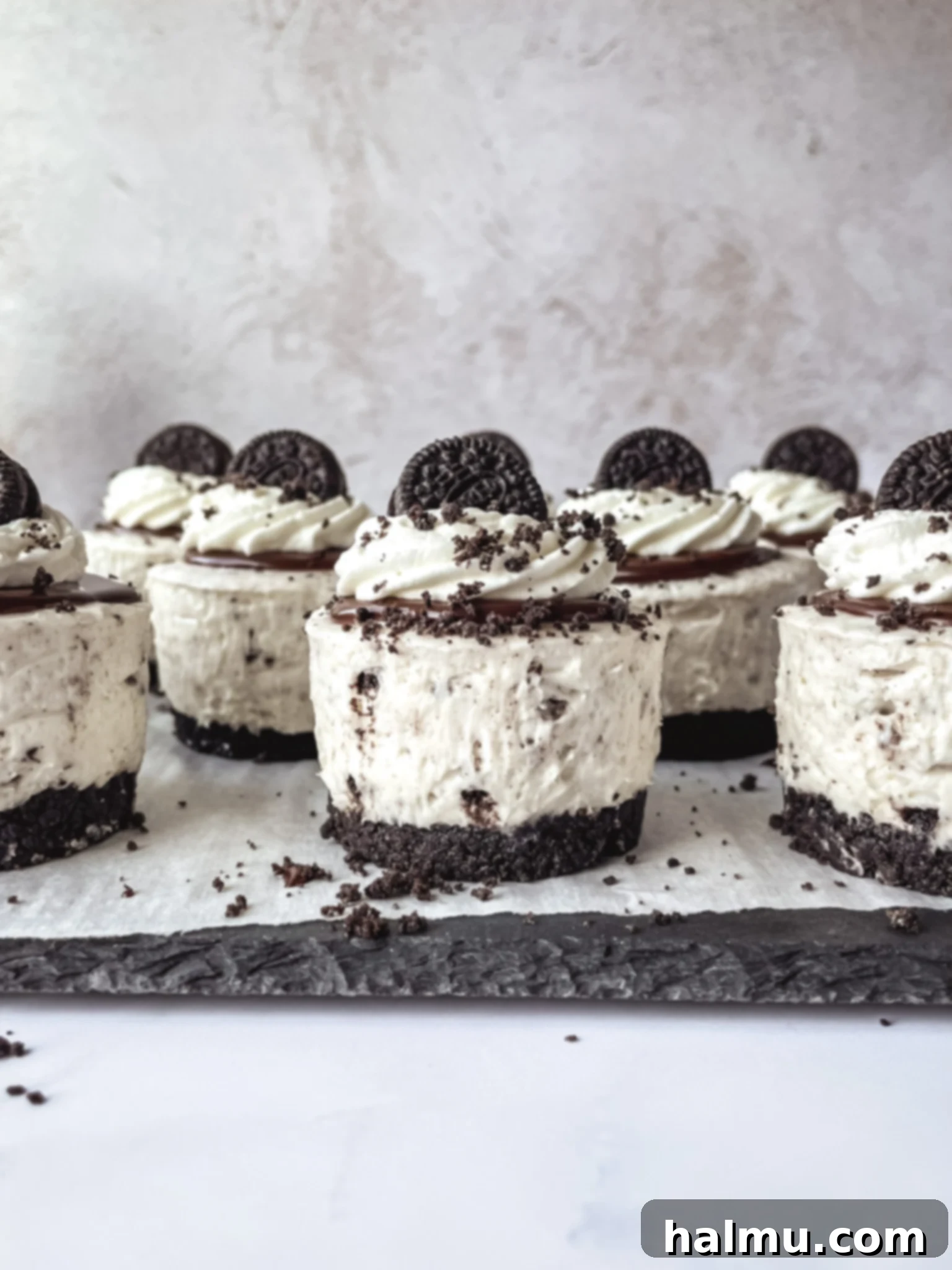 Delicious Mini Oreo Cheesecakes with whipped cream and mini Oreos on top
