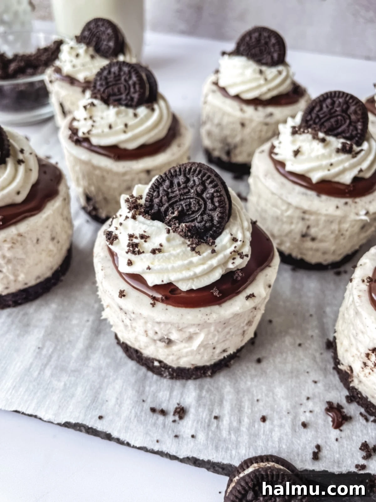 A close-up shot of a perfectly set Mini Oreo Cheesecake on a plate, showcasing its layers.