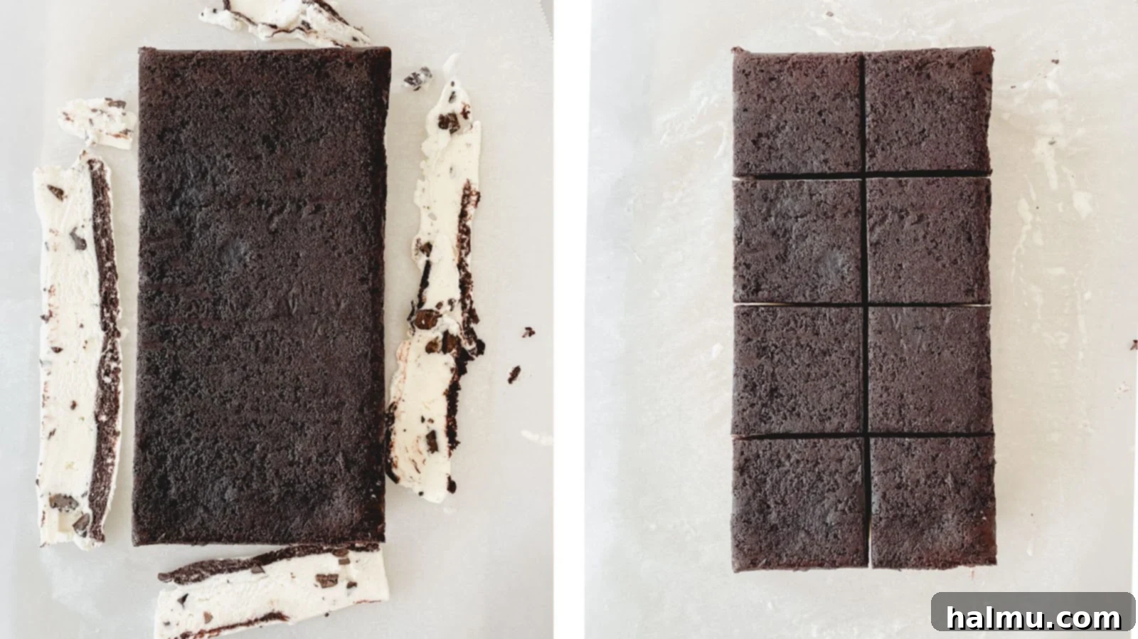 Refreshing Mint Chocolate Chip Ice Cream Delights 5 Stacked Mint Chocolate Chip Brownie Ice Cream Sandwiches on a white plate, showing the distinct brownie and ice cream layers.