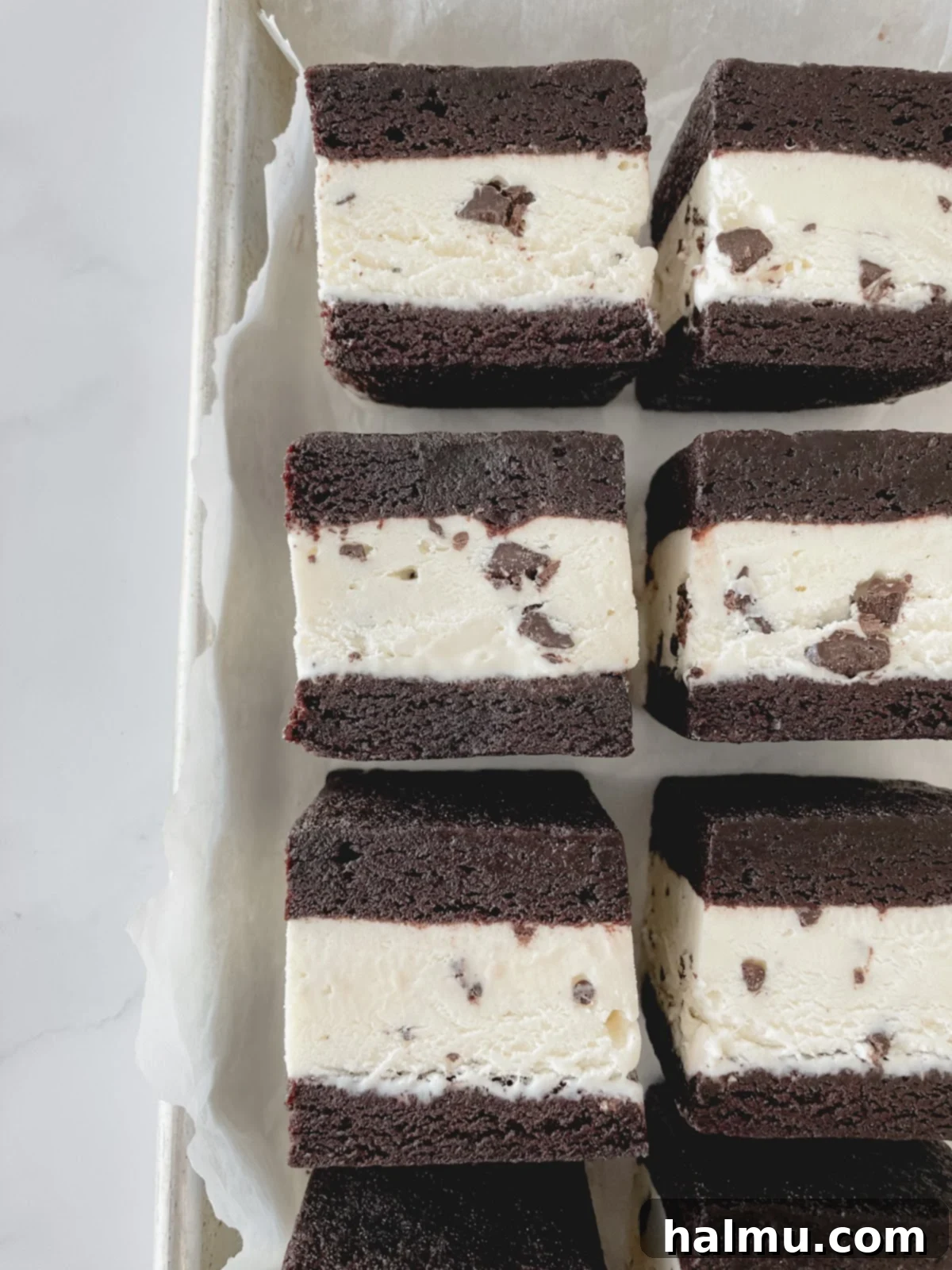 Refreshing Mint Chocolate Chip Ice Cream Delights 7 Another close-up of a Mint Chocolate Chip Brownie Ice Cream Sandwich, highlighting its perfect layers and inviting texture.