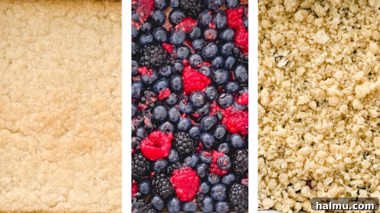 Sweet Berry Crumble Bars 8 Mixed Berry Streusel Bars baking in an oven, golden brown and bubbling.