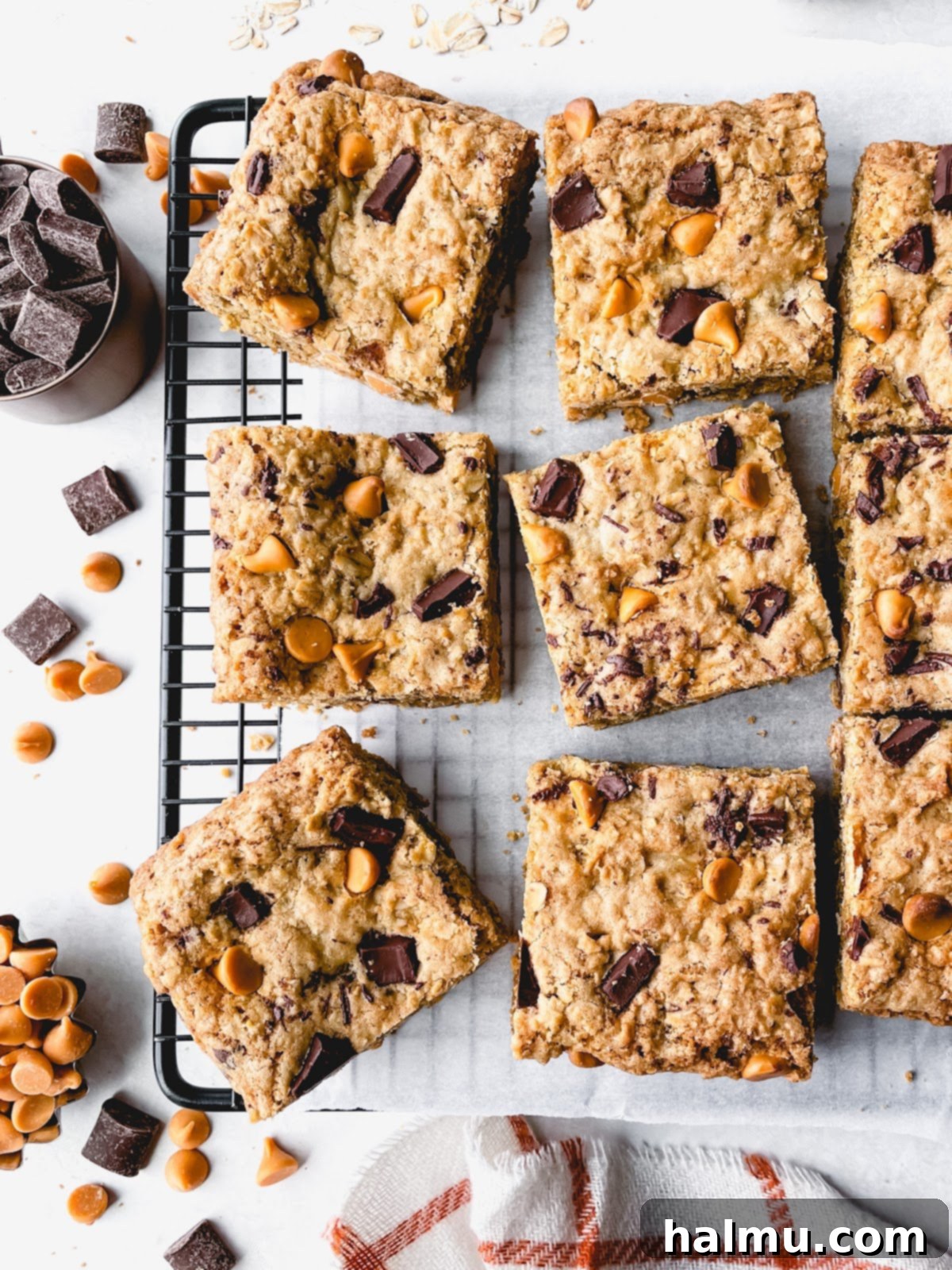 Close-up of butterscotch chips and chopped semi-sweet chocolate ready to be folded into blondie dough.