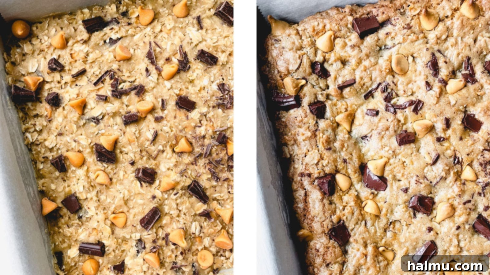 Top view of baked oatmeal butterscotch blondies, still in the pan, showing golden brown edges.