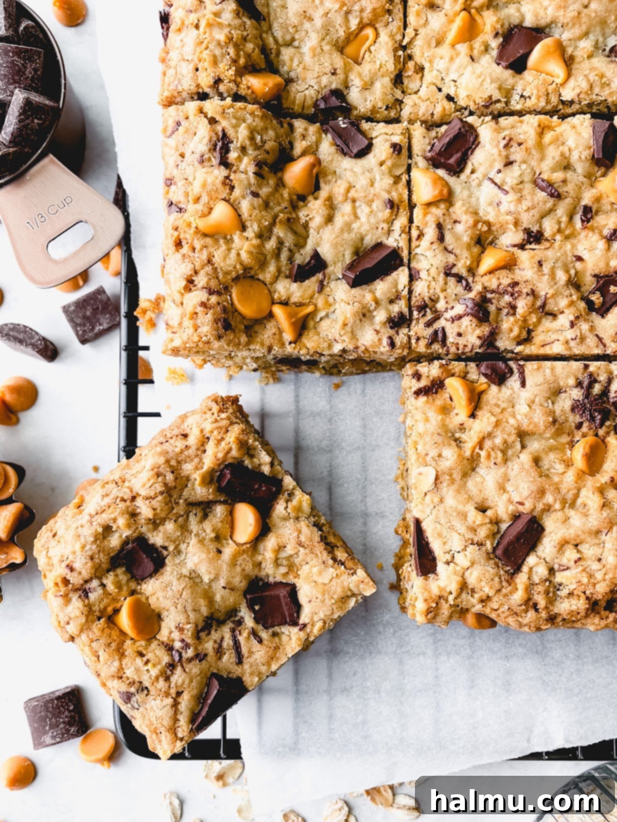 A single oatmeal butterscotch blondie square on a white plate, showing its soft and chewy interior with visible oats, butterscotch, and chocolate.