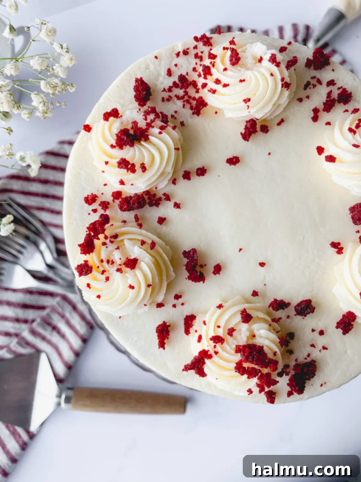 Heirloom Red Velvet Cake 5 A close-up of a slice of Old Fashioned Red Velvet Cake, showcasing the moist red layers and the creamy white frosting.