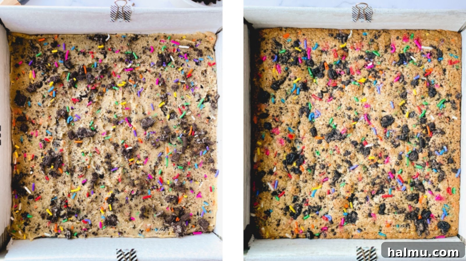 Party Oreo Funfetti Blondies 6 A top-down view of blondie batter spread evenly in a parchment-lined square baking pan, ready for the oven.