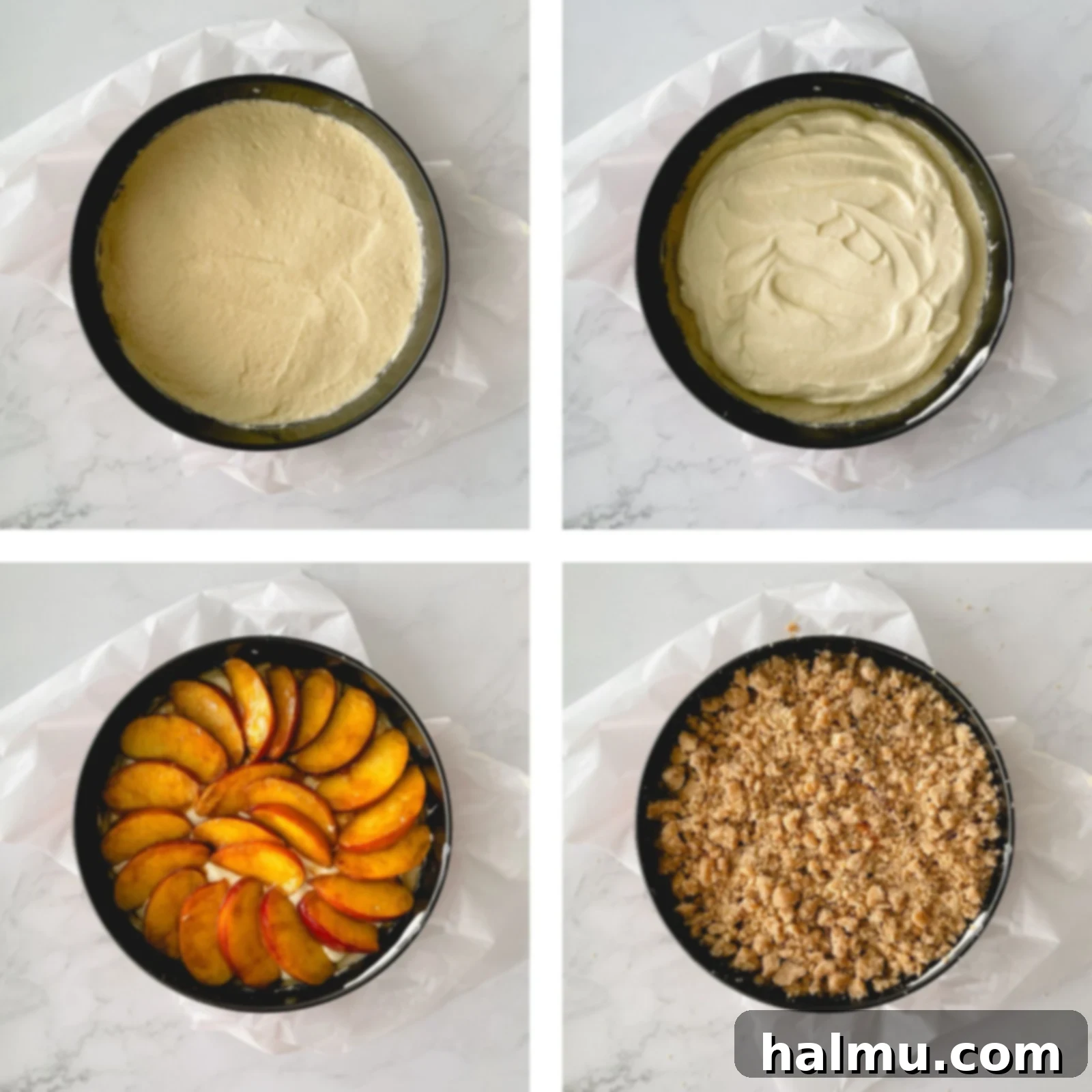 Heavenly Peach and Cream Crumb Cake 4 A close-up view of the Peaches & Cream Crumb Cake before baking, showing the peach slices arranged over the cream cheese layer, topped with the crumb streusel.