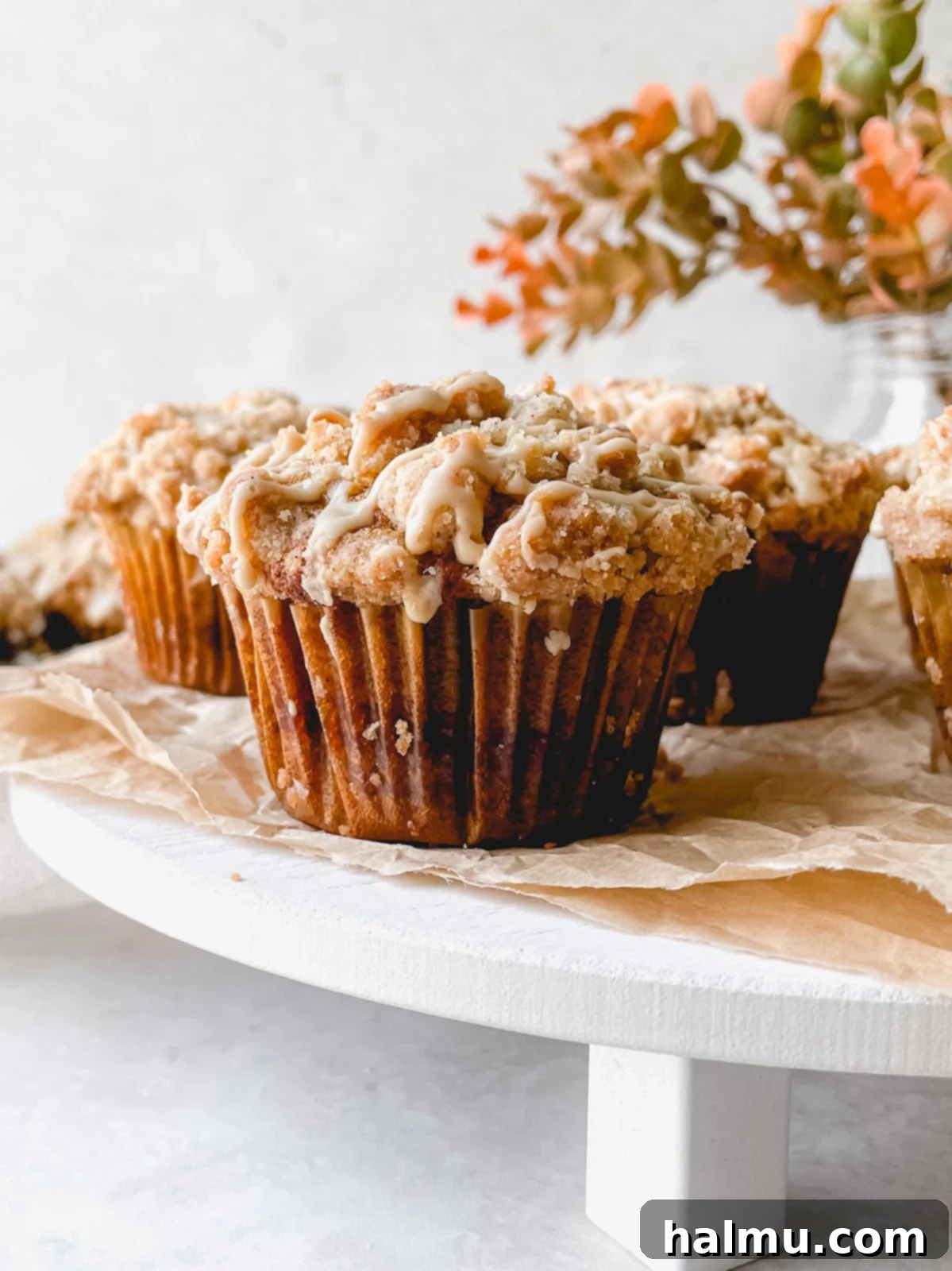 Harvest Pumpkin Cinnamon Crumble Muffins 5 A tray of unbaked pumpkin muffin batter in liners, topped with streusel, ready for the oven.