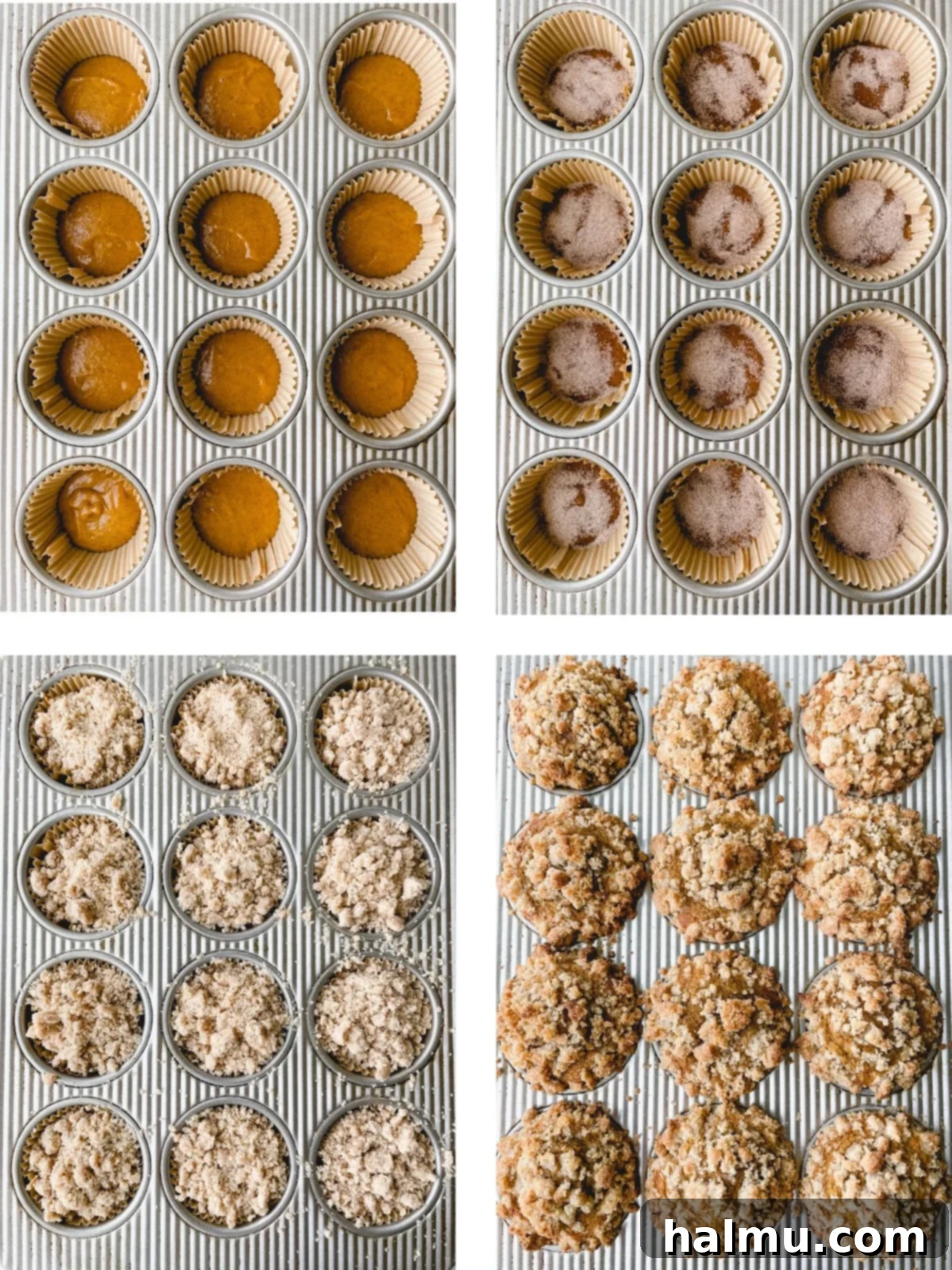 Harvest Pumpkin Cinnamon Crumble Muffins 7 Golden brown pumpkin streusel muffins fresh out of the oven, cooling in the muffin tin.