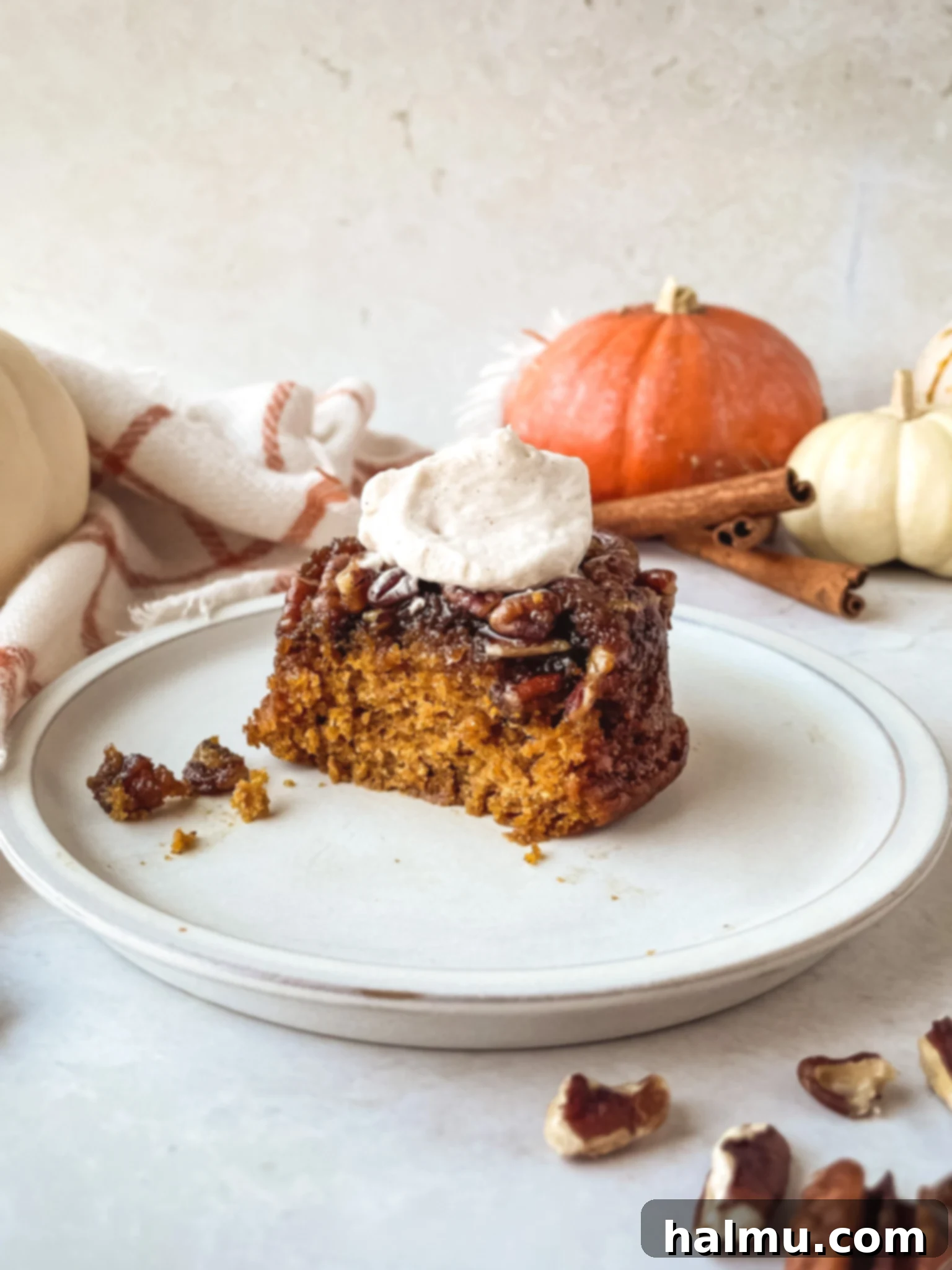 Caramel Pecan Pumpkin Flips 2 Delightful individual pumpkin pecan upside-down cakes, perfect for autumn