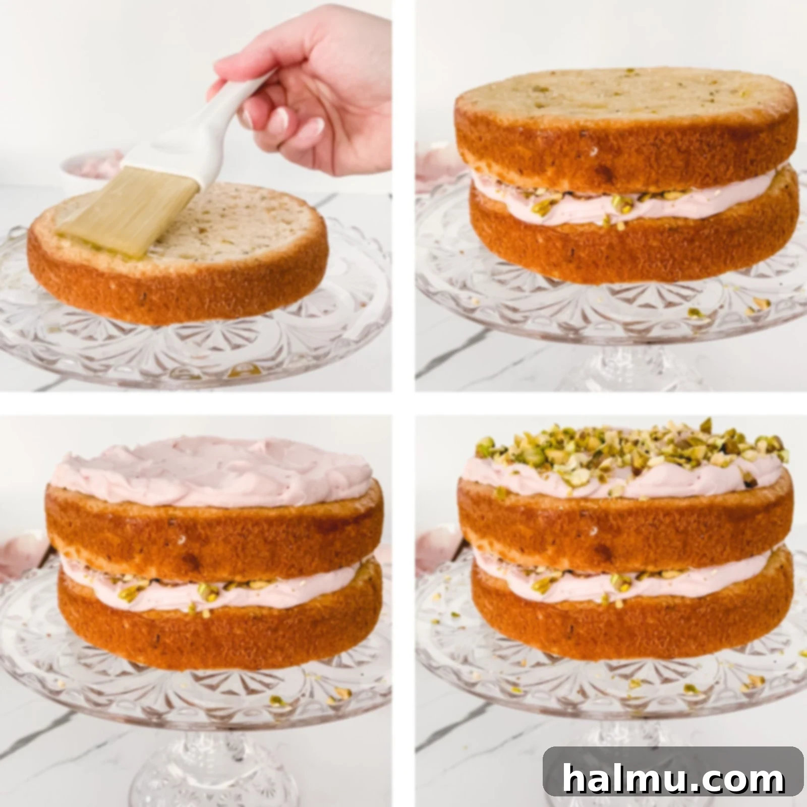 Top view of the assembled Raspberry Orange Pistachio Cake, adorned with fresh raspberries, chopped pistachios, and orange zest.