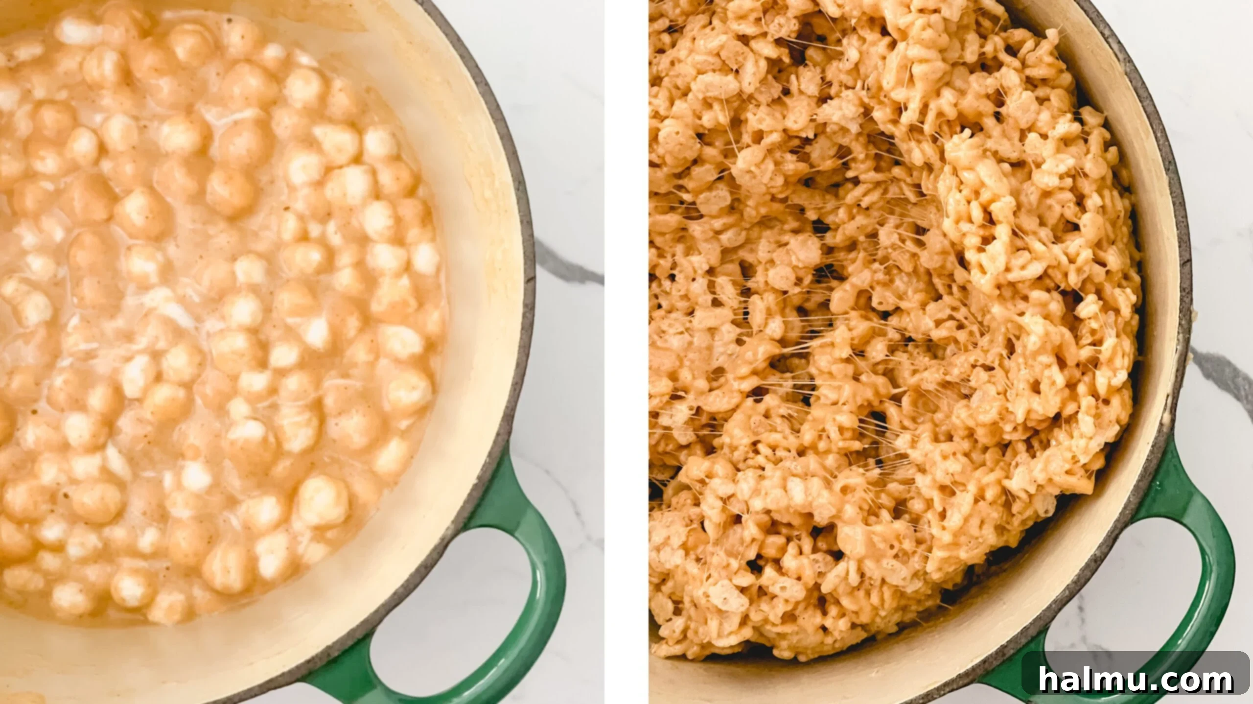 Reeses Pieces Crispy Treats 7 Rice Krispie cereal being added to melted marshmallow and peanut butter mixture in a large pot.