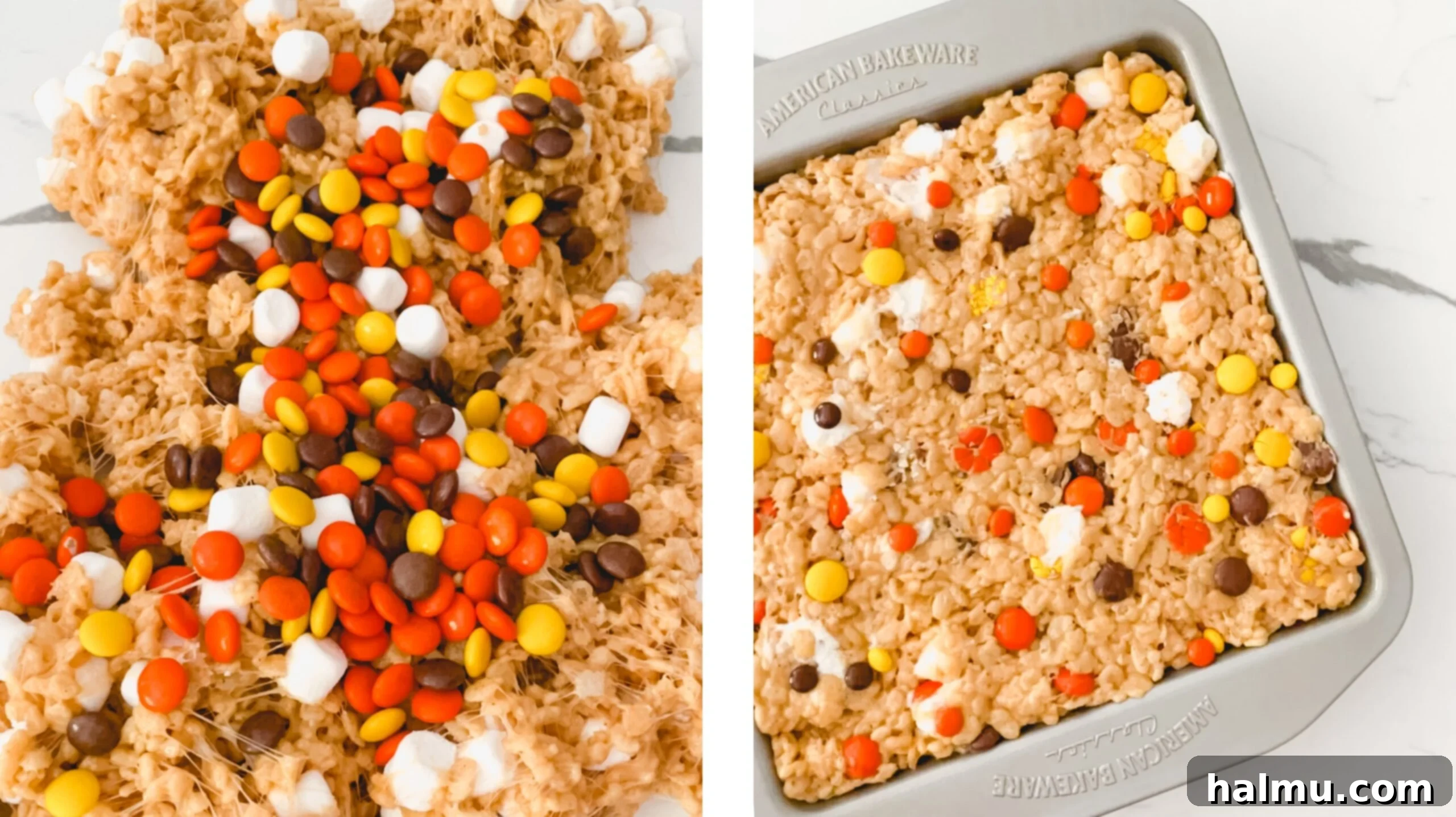 Reeses Pieces Crispy Treats 8 Reese's Pieces candies and extra marshmallows being folded into the Rice Krispie mixture by hand on a greased counter.